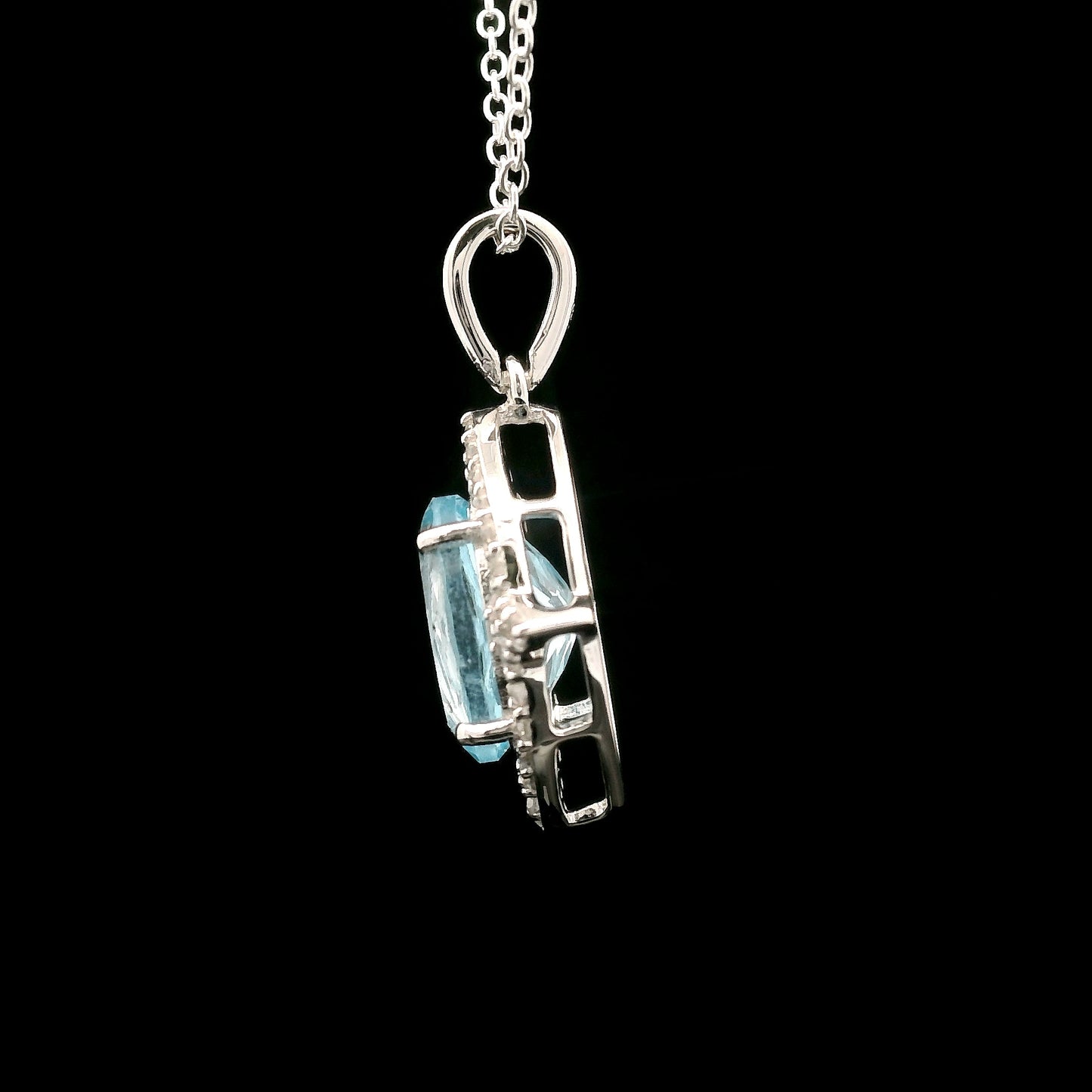 3.58 Ct Oval Blue Topaz, White Zircon 925 Sterling Silver Pendant