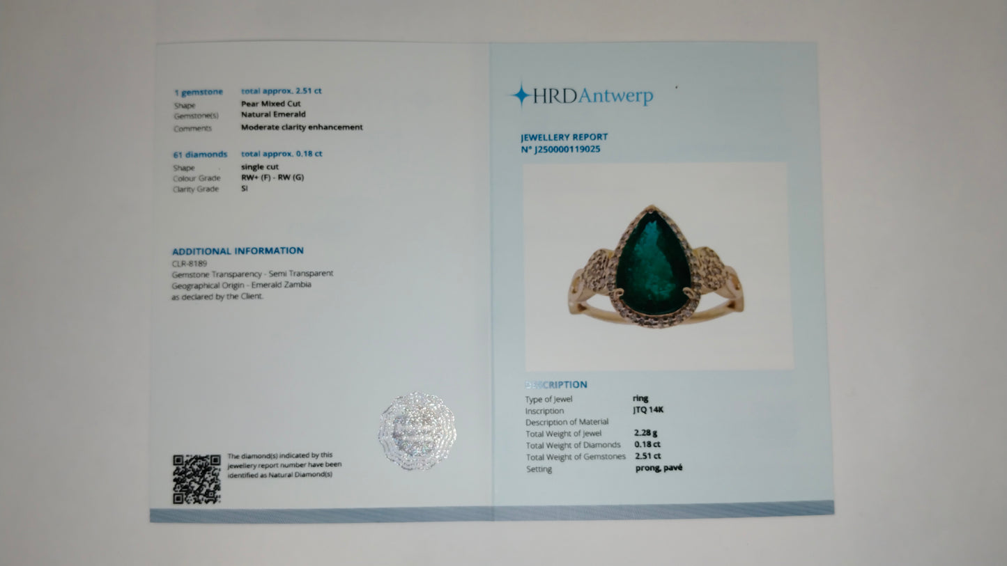 2.69 Ct Pear Mixed Cut Natural Emerald 14K Gold Ring