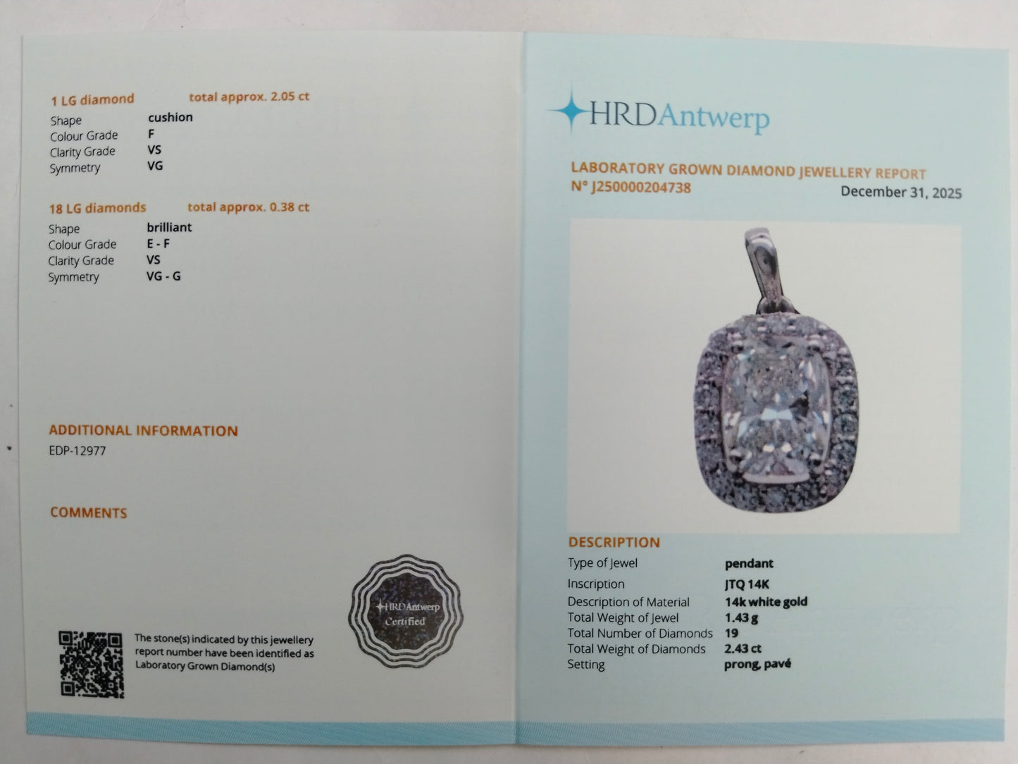 2.43 Carats Lab Grown Diamond 14K Gold Pendant