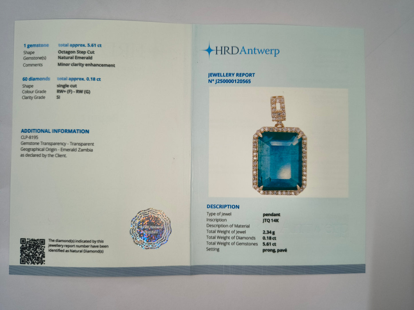 5.79 Ct Octagon Natural Emerald 14K Gold Pendant