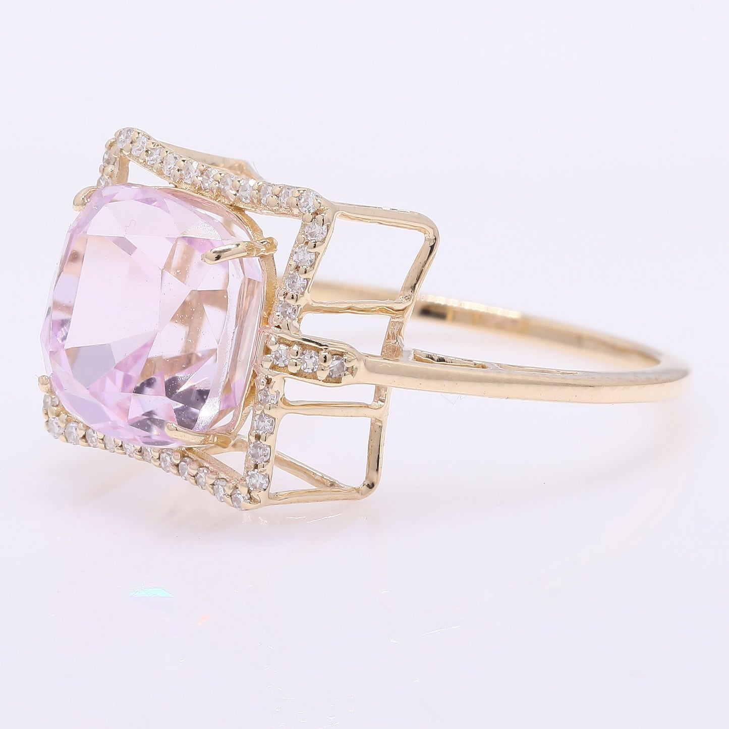 5.28 Ct Cushion Mixed Cut Natural Kunzite 14K Gold Ring