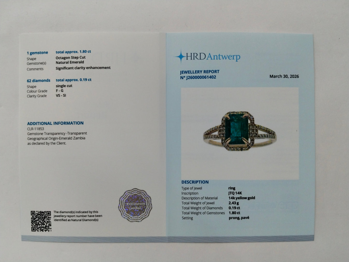 1.99 Ct Octagon Step Cut Natural Emerald 14K Gold Ring