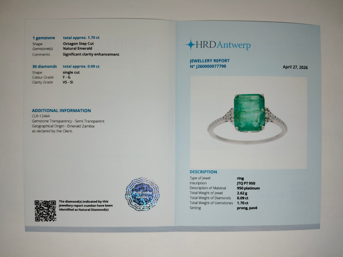 1.79 Ct Octagon Step Cut Natural Emerald 950 Platinum Ring