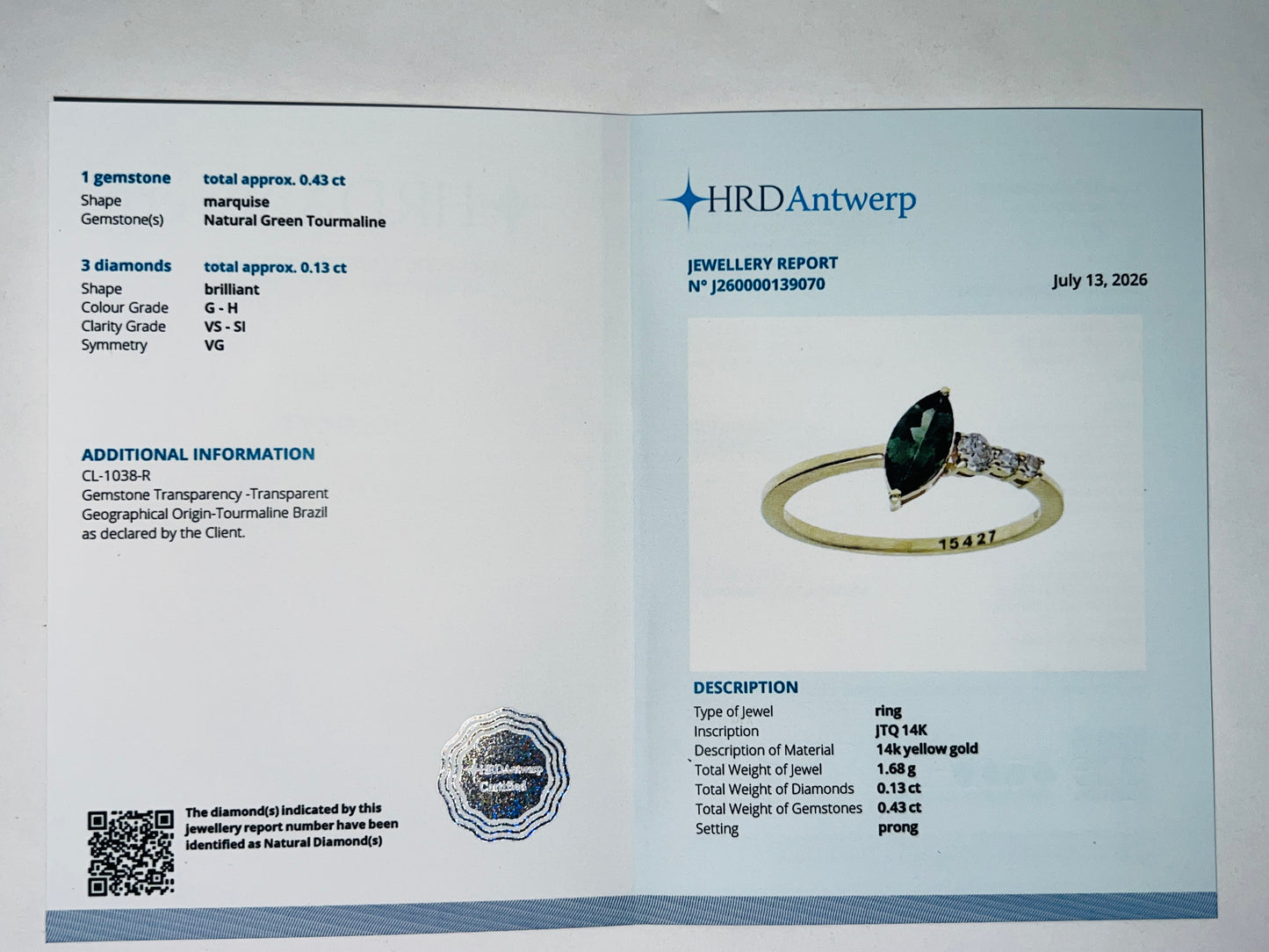 0.56 Ct Marquise Natural Green Tourmaline 14K Gold Ring