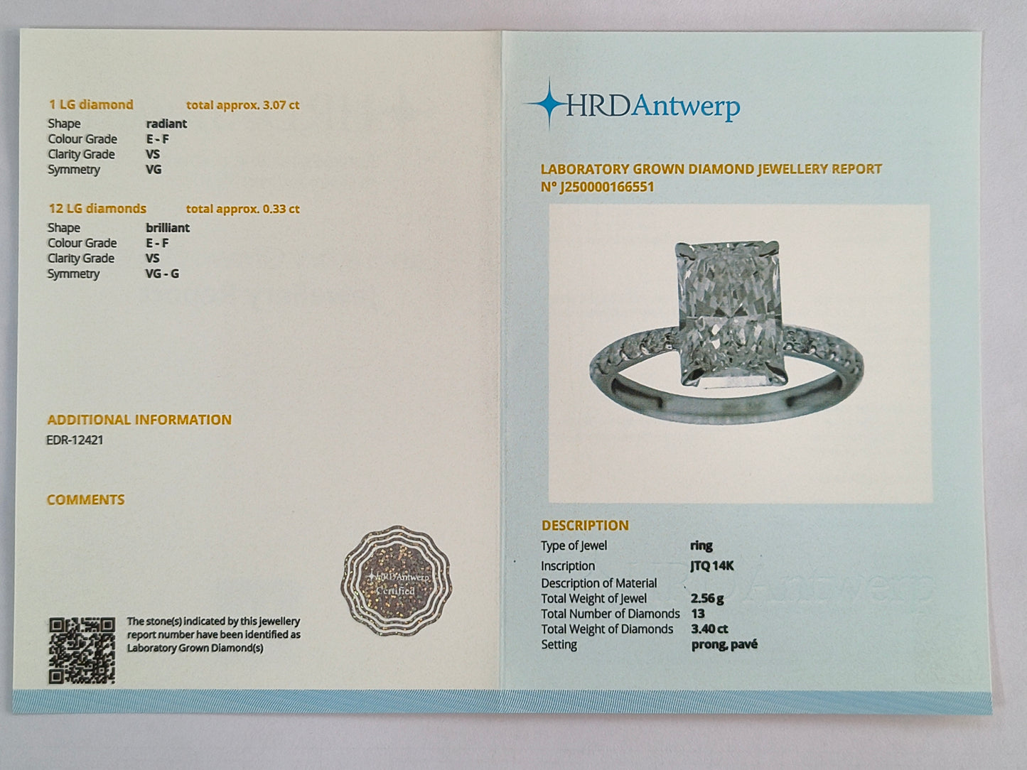 3.40 Carats Lab Grown Diamond 14K Gold Ring