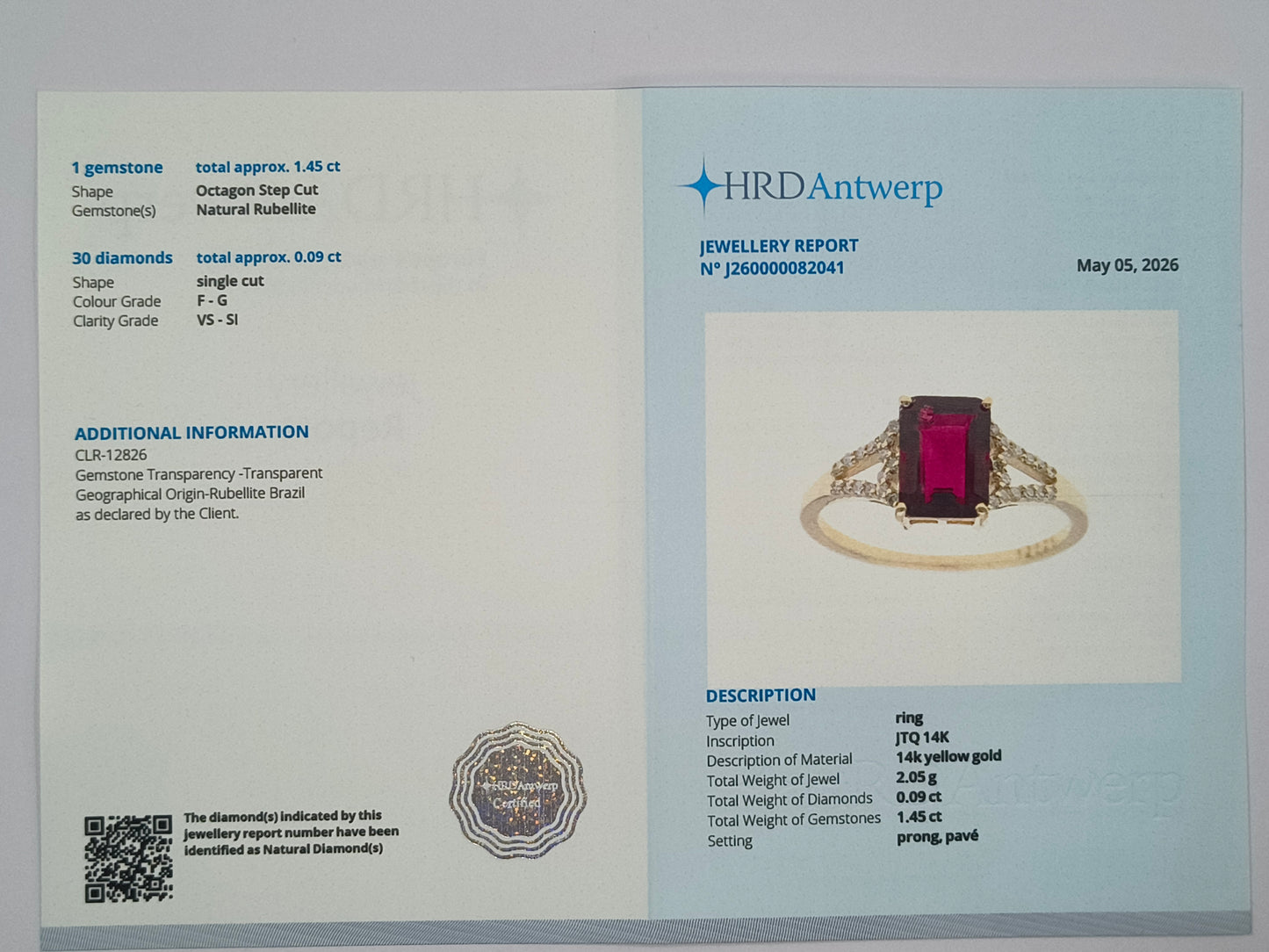 1.54 Ct Octagon Step Cut Natural Rubellite 14K Gold Ring