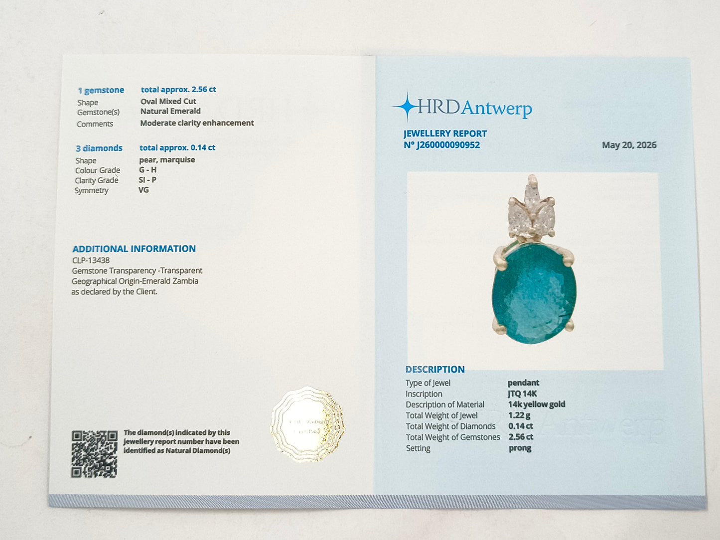 2.70 Ct Oval Emerald 14K Gold Pendant