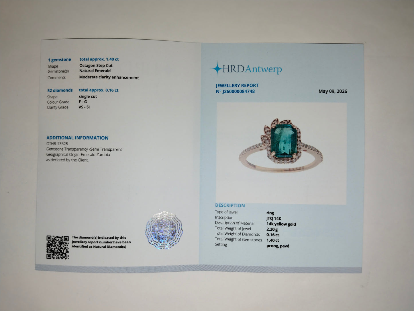 1.89 Ct Octagon Step Cut Natural Emerald 14K Gold Ring
