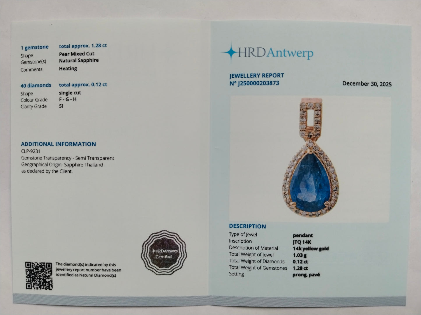 1.40 Ct Pear Mixed Cut Natural Sapphire 14K Gold Pendant