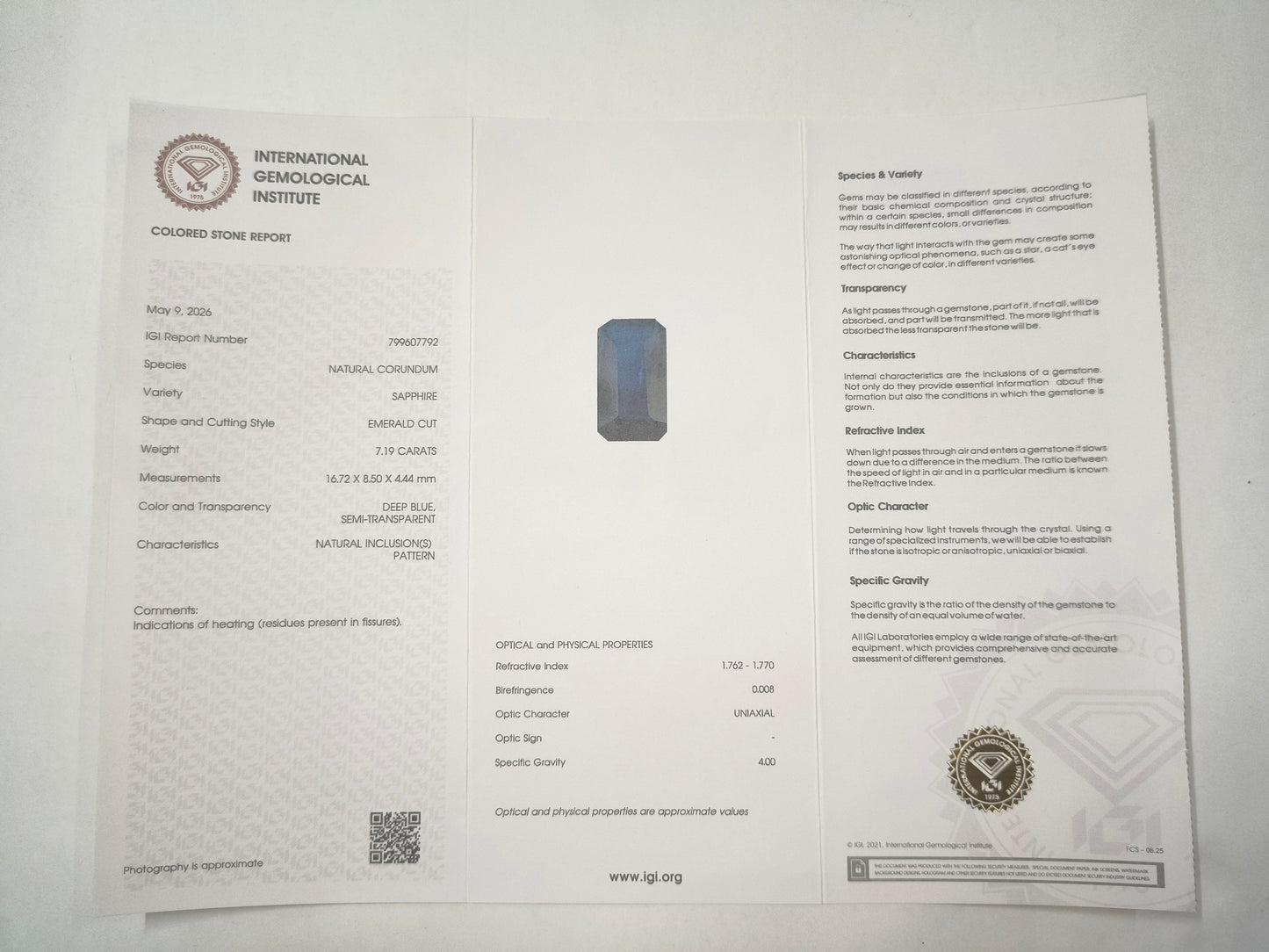 7.19 Natural Corundum Sapphire Emerald Cut Gemstone