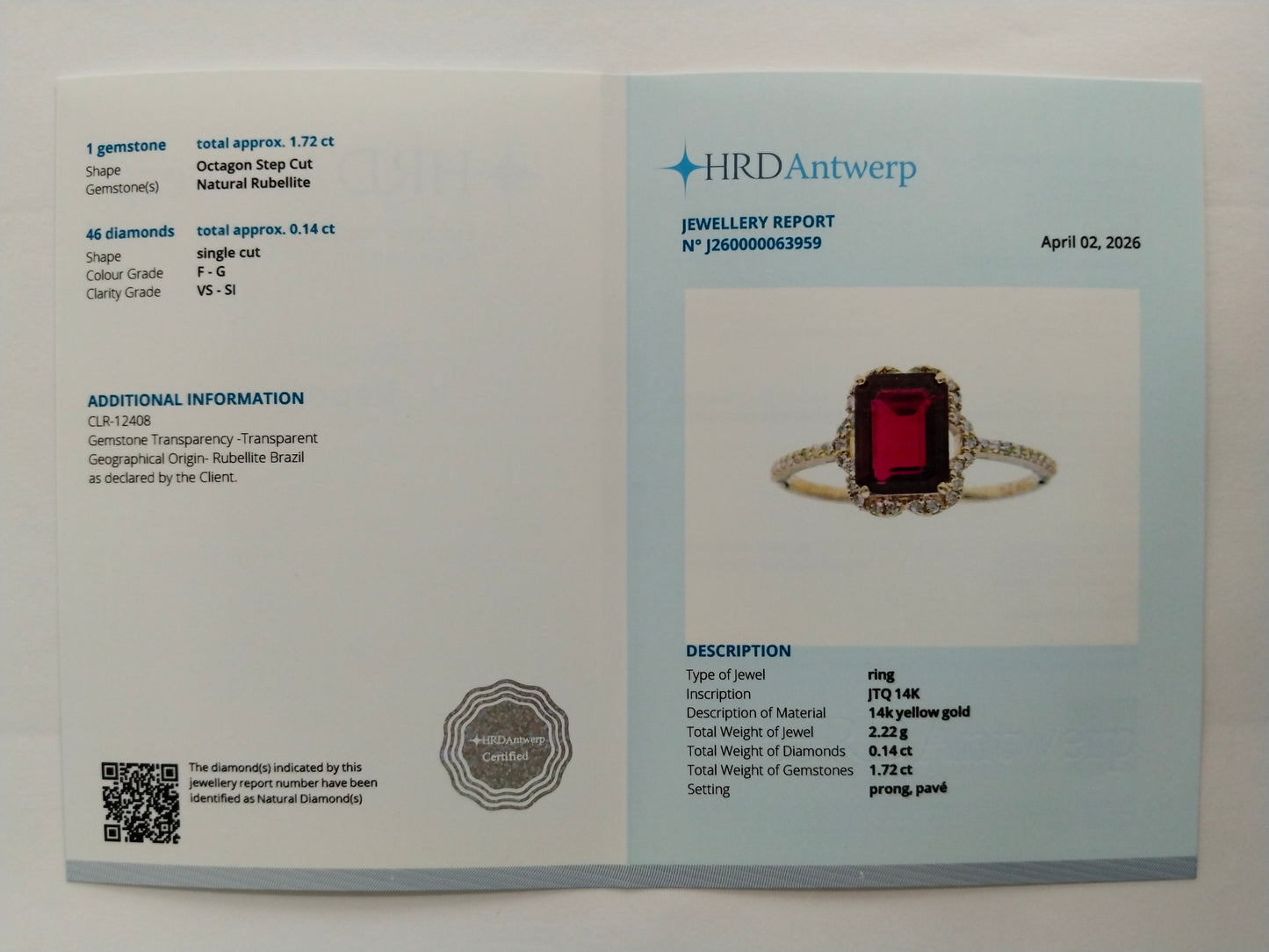 1.86 Ct Octagon Step Cut Natural Rubellite 14K Gold Ring