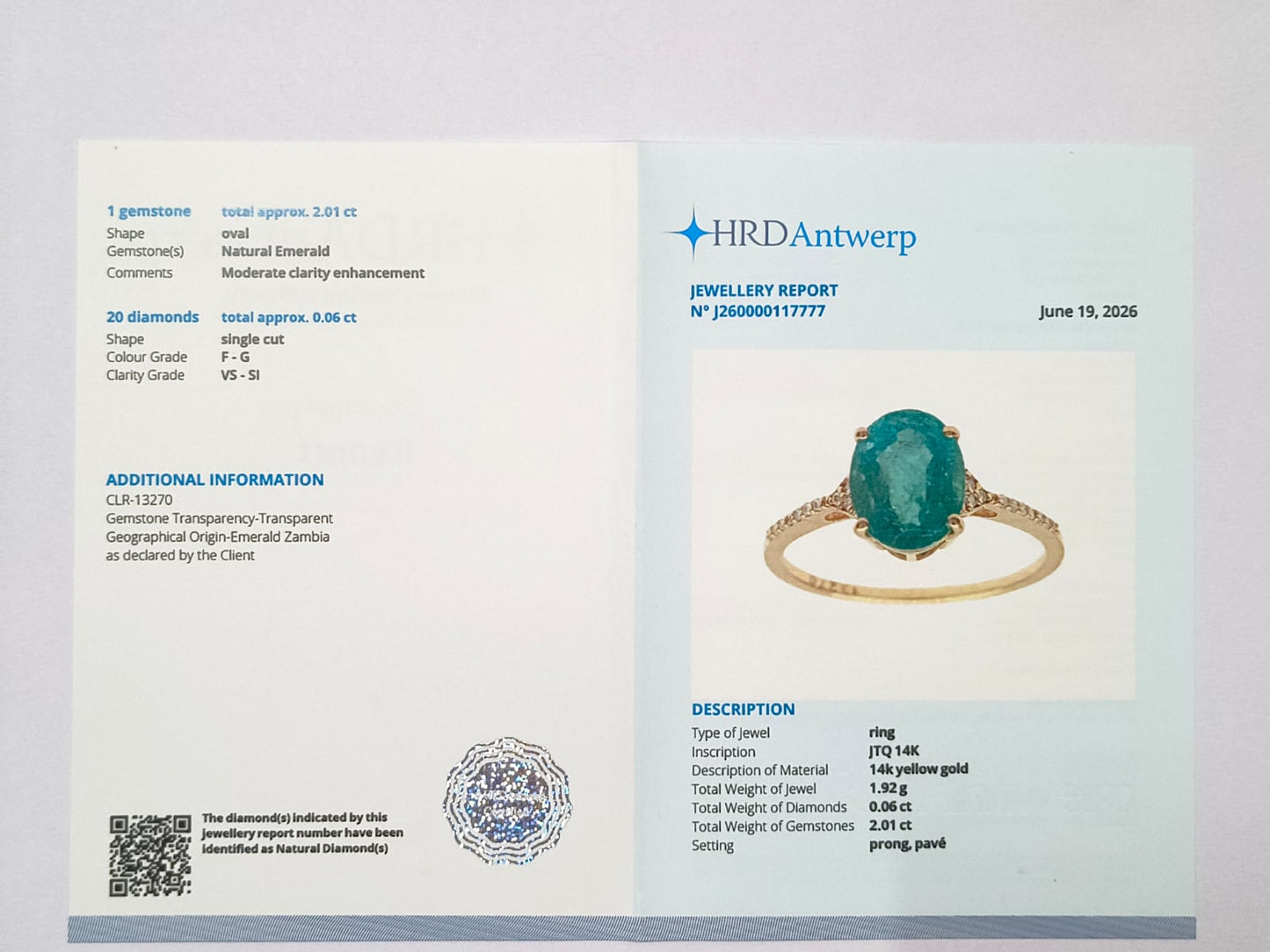 2.07 Ct Oval Natural Emerald 14K Gold Ring