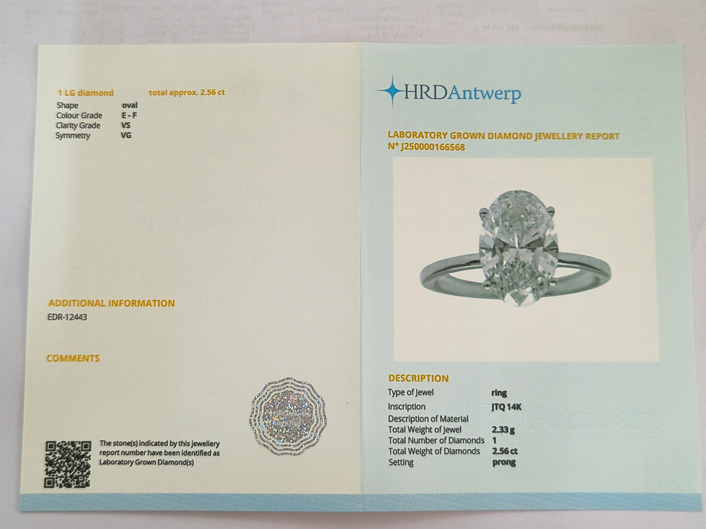 2.56 Carats Lab Grown Diamond 14K Gold Ring