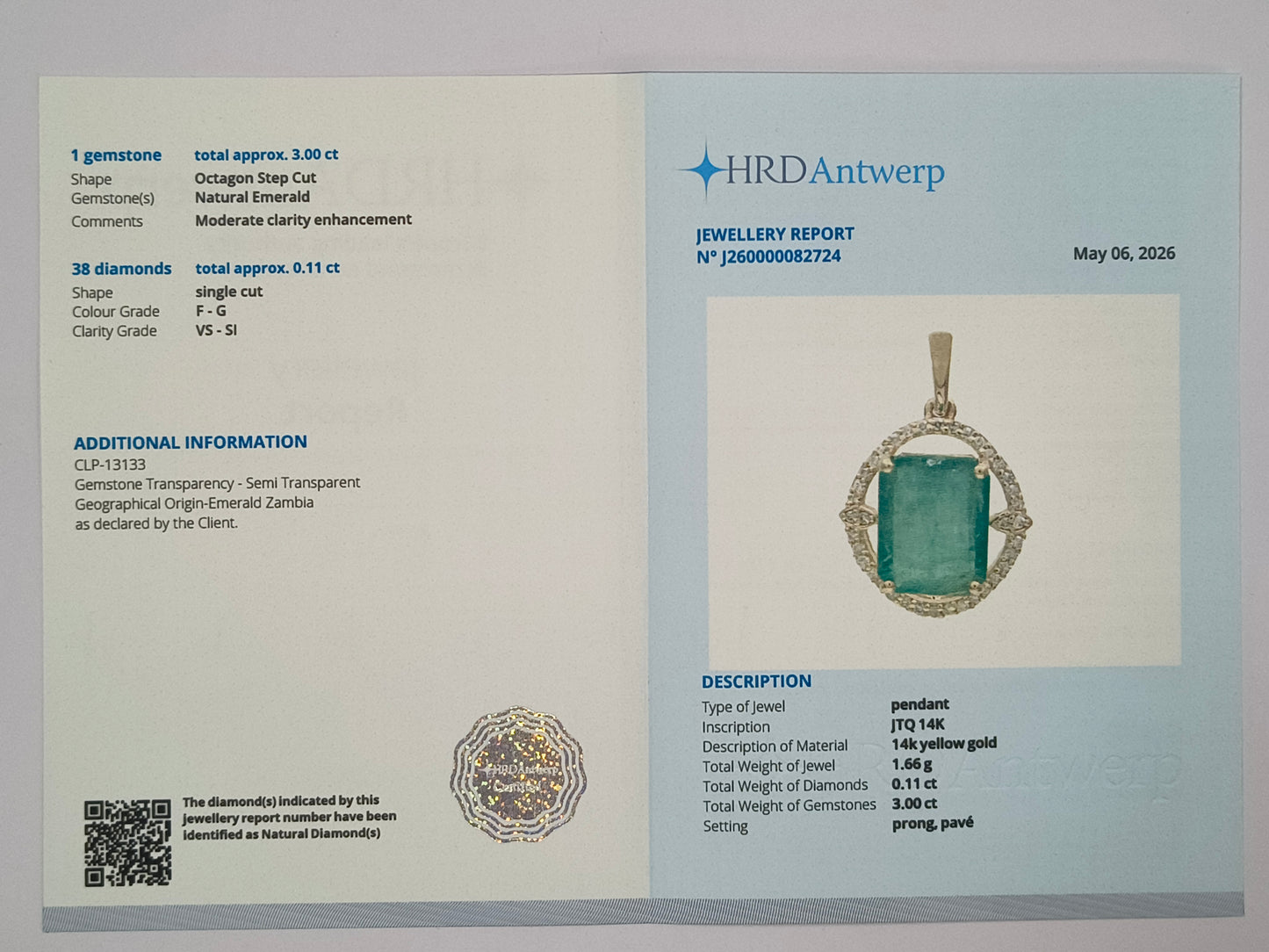3.11 Ct Octagon Step Cut Natural Emerald 14K Gold Pendant