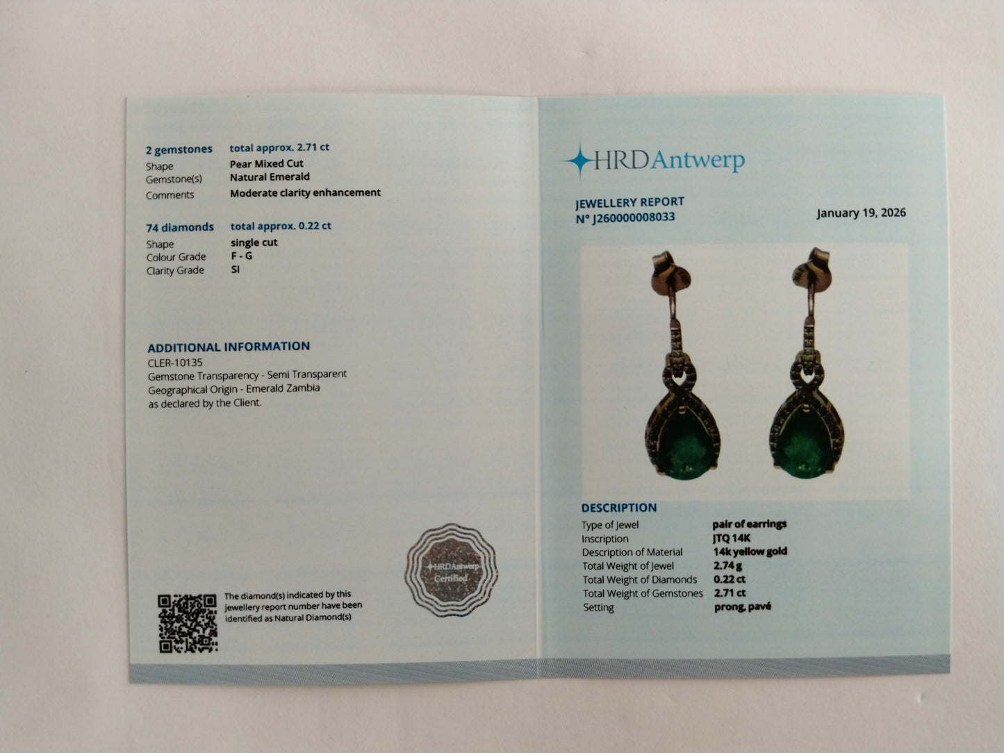 2.93 Ct Pear Mixed Cut Natural Emerald 14K Gold Earrings