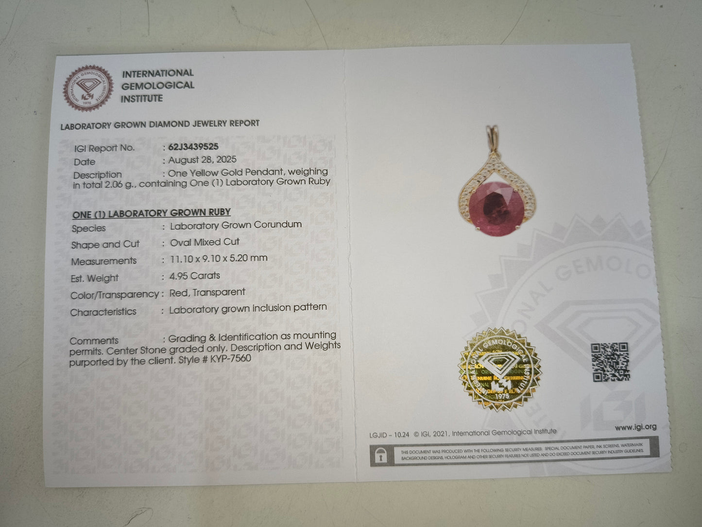 5.14 Ct Oval Mixed Cut Lab Grown Ruby 14K Gold Pendant