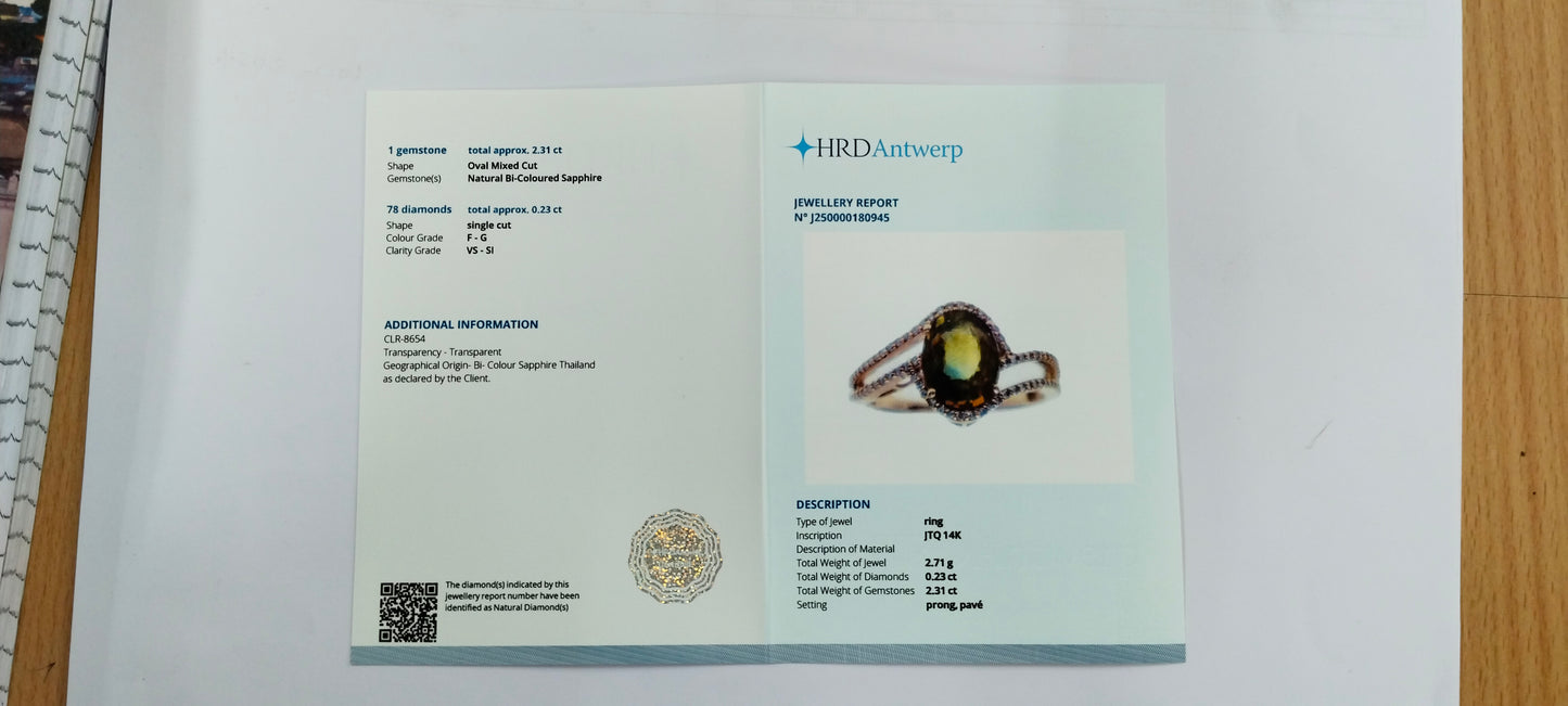 2.54 Ct Oval Mixed Cut Natural Bi-Coloured Sapphire 14K Gold Ring