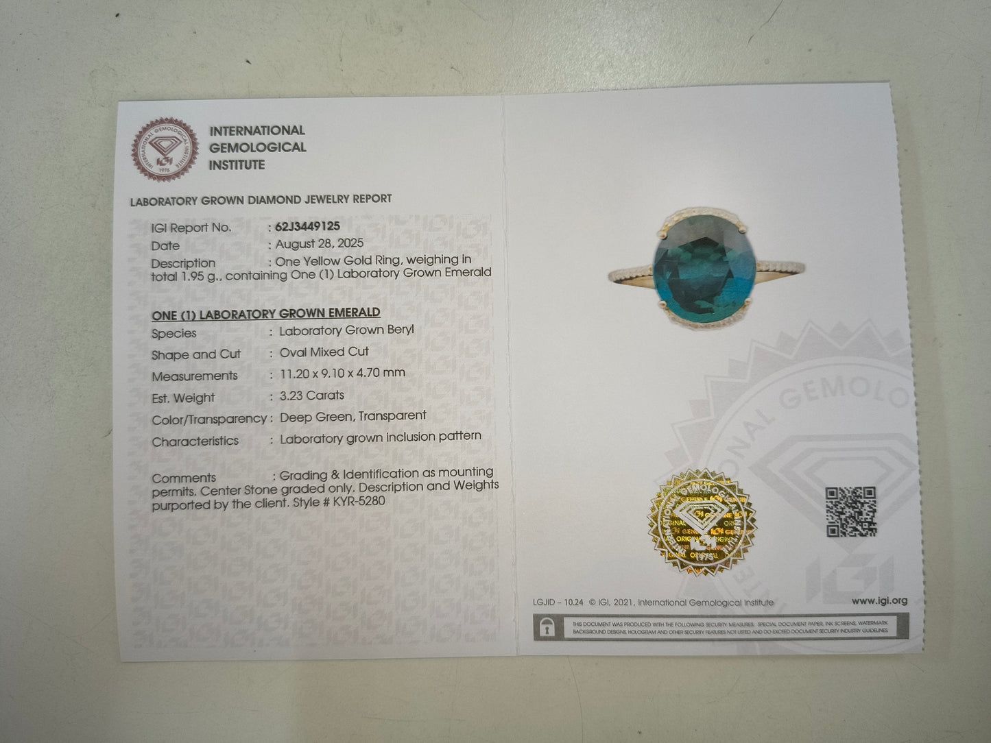3.33 Ct Oval Mixed Cut Lab Grown Emerald 14K Gold Ring
