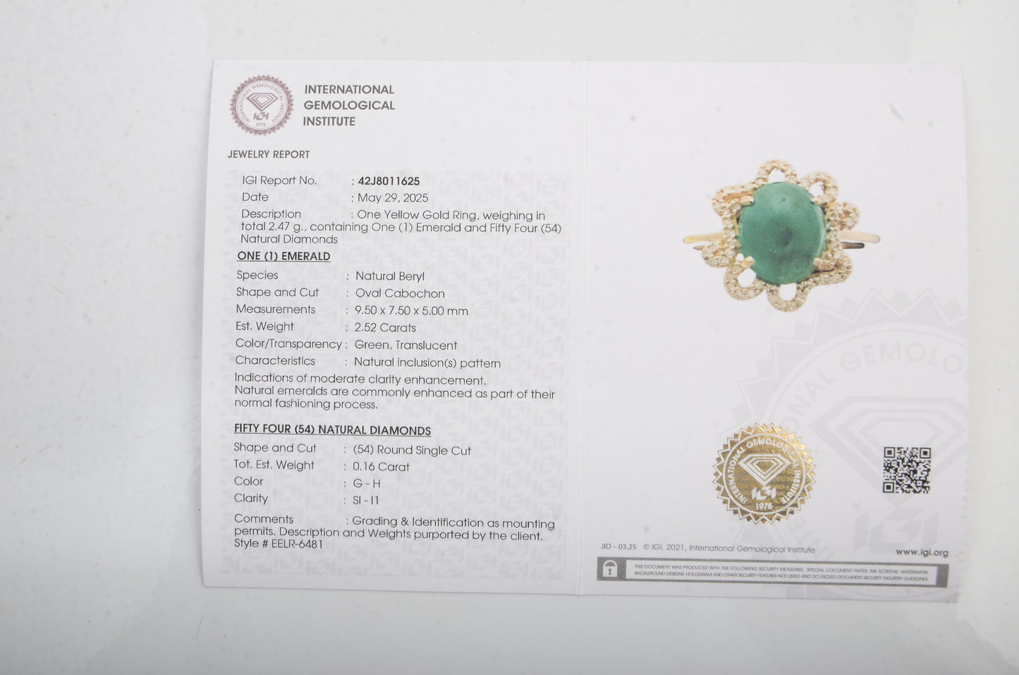 2.68 Ct Oval Cabochon Natural Beryl Emerald 14K Gold Ring