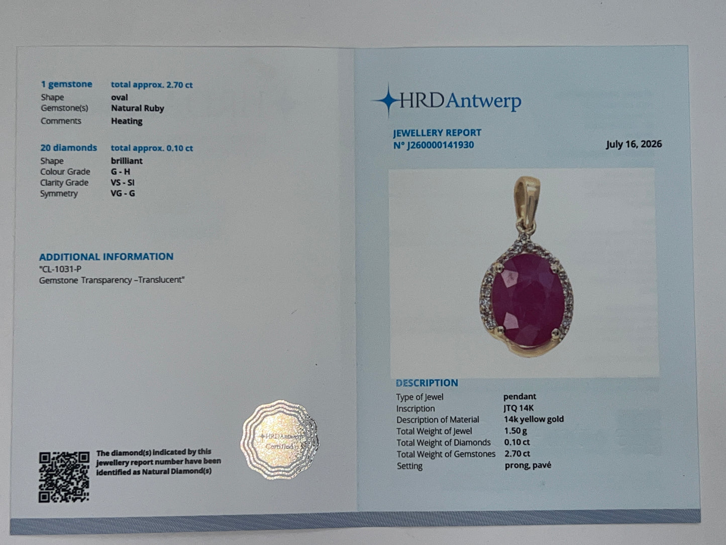 2.80 Ct Oval Natural Ruby 14K Gold Pendant