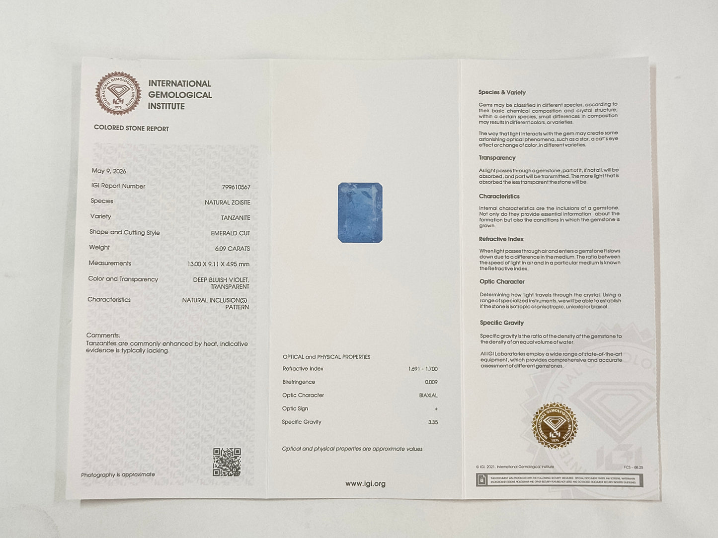 6.09 Natural Zoisite Tanzanite Emerald Cut Gemstone