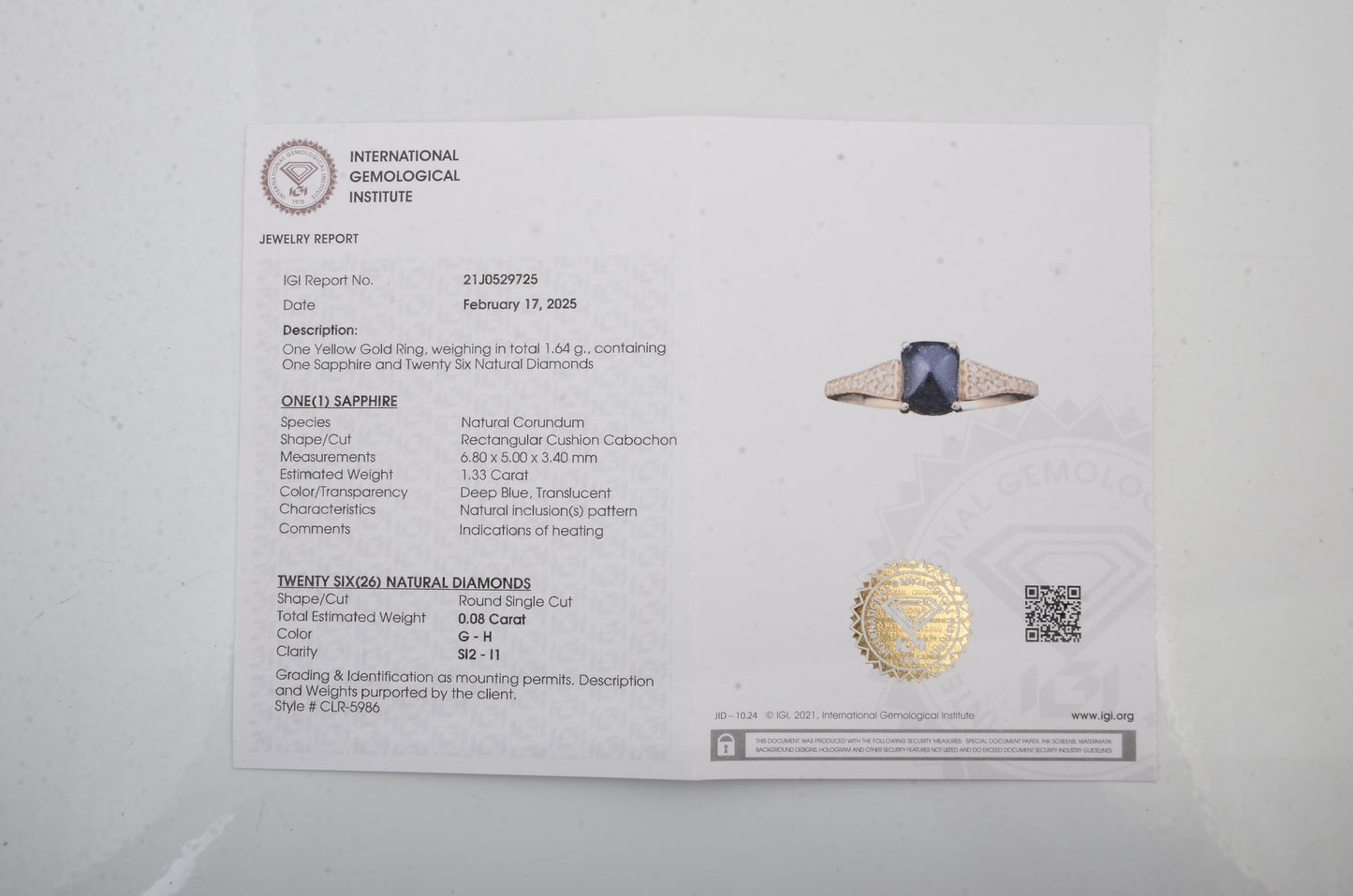 1.41 Carats Natural Corundum Sapphire 14K Gold Ring