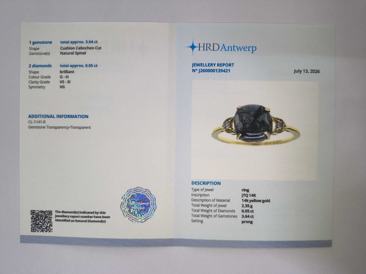3.69 Ct Cushion Cabochon Cut Natural Spinel 14K Gold Ring