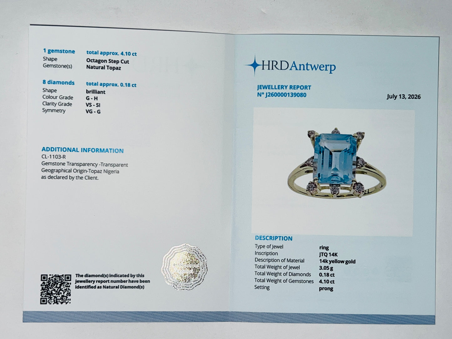 4.28 Ct Octagon Step Cut Natural Topaz 14K Gold Ring