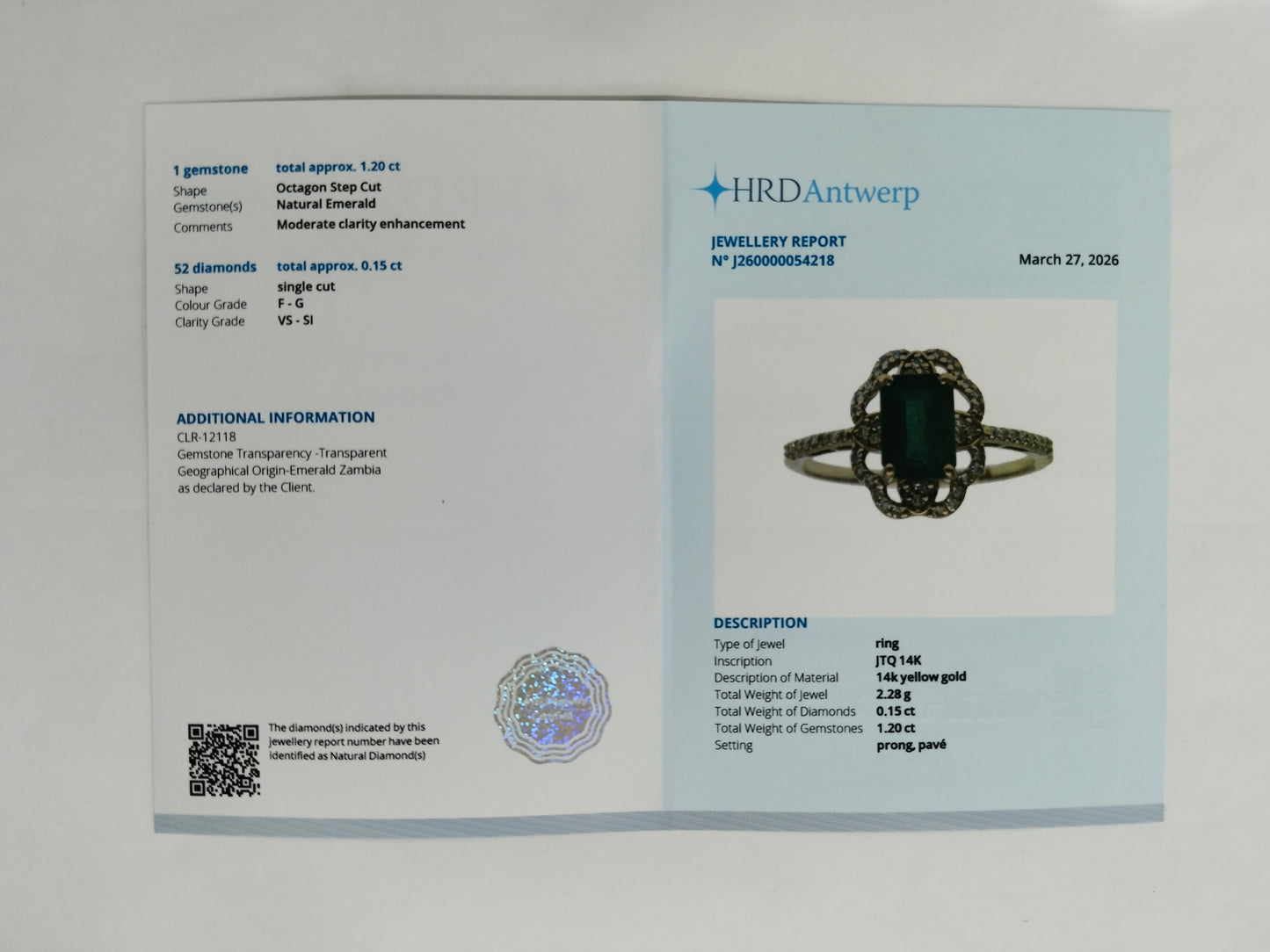 1.35 Ct Octagon Step Cut Natural Emerald 14K Gold Ring