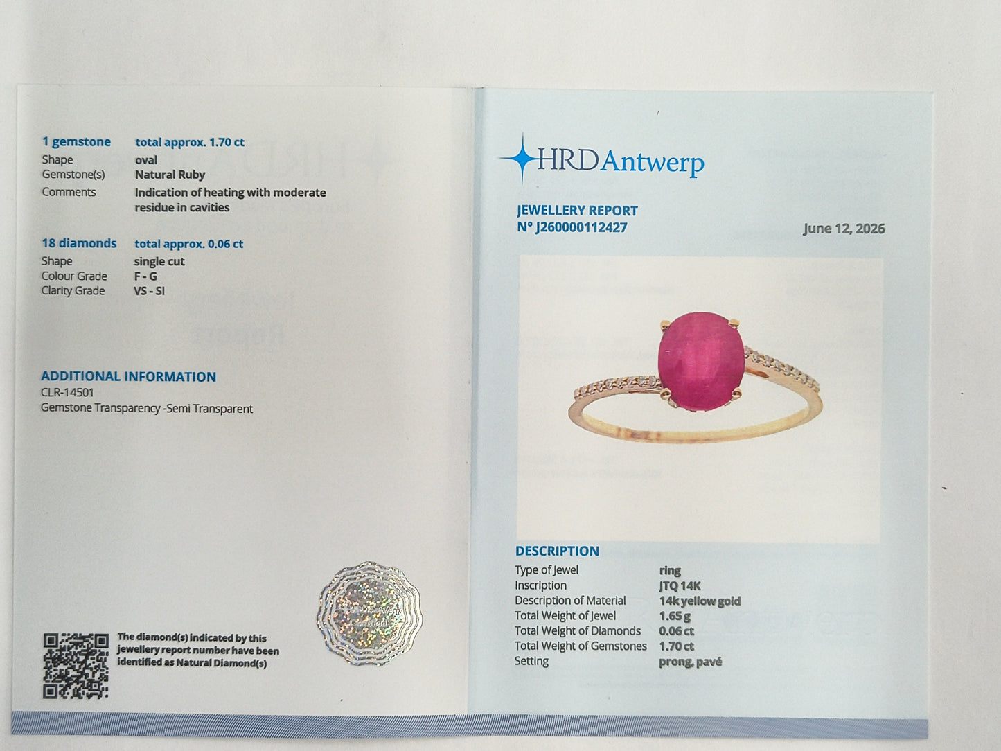 1.76 Ct Oval Natural Ruby 14K Gold Ring
