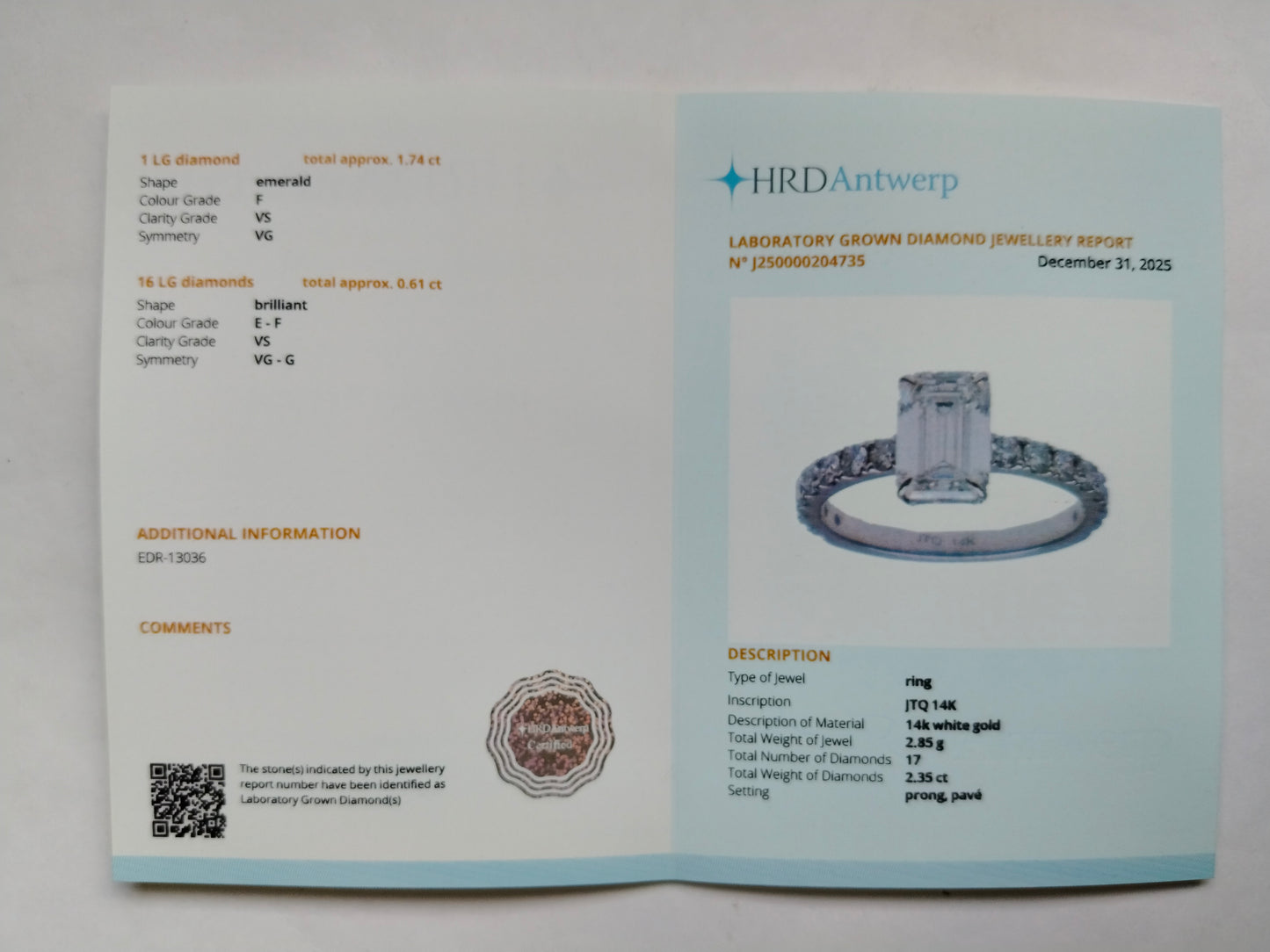 2.35 Carats Lab Grown Diamond 14K Gold Ring