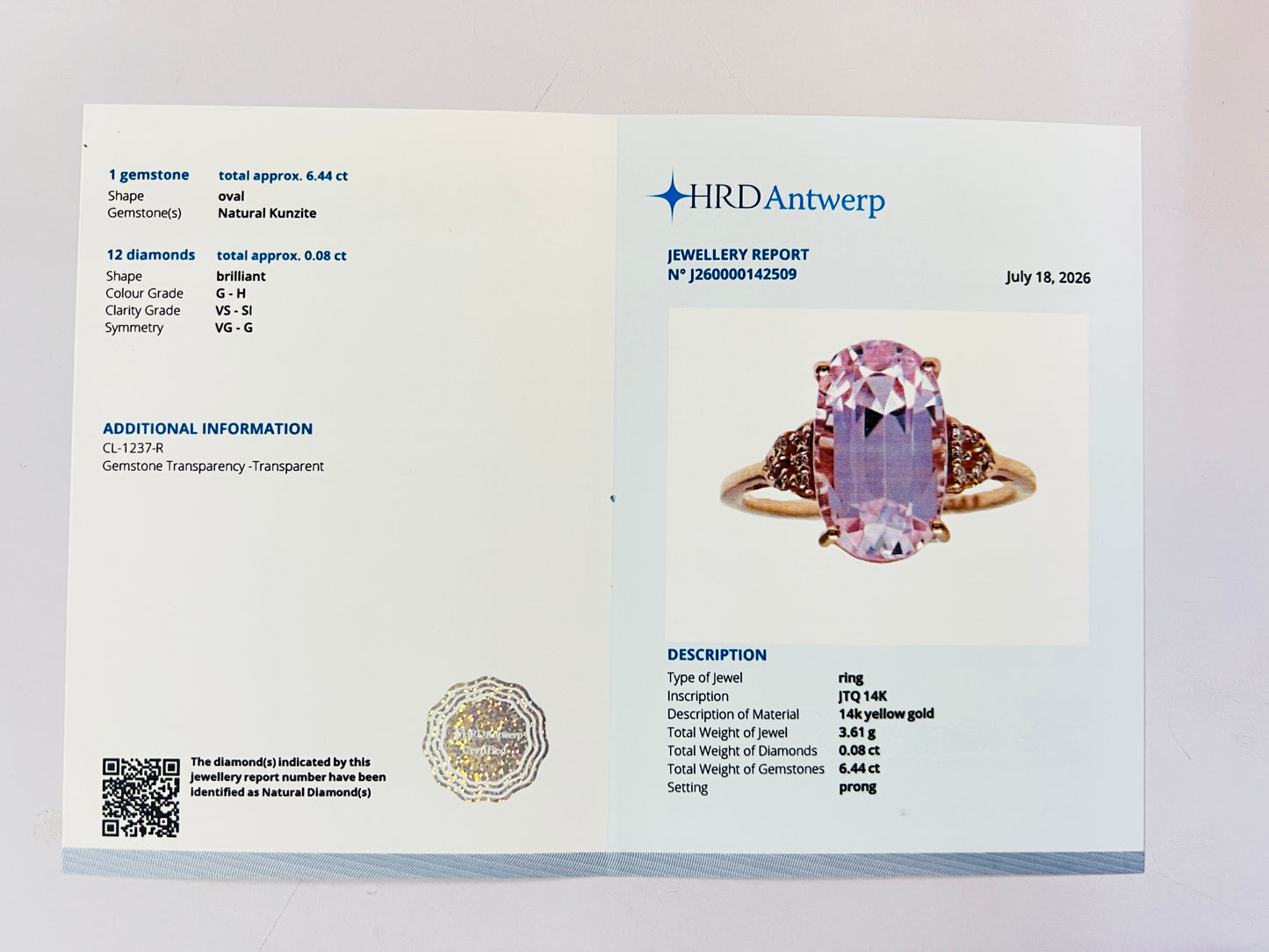 6.52 Ct Oval Natural Kunzite 14K Gold Ring