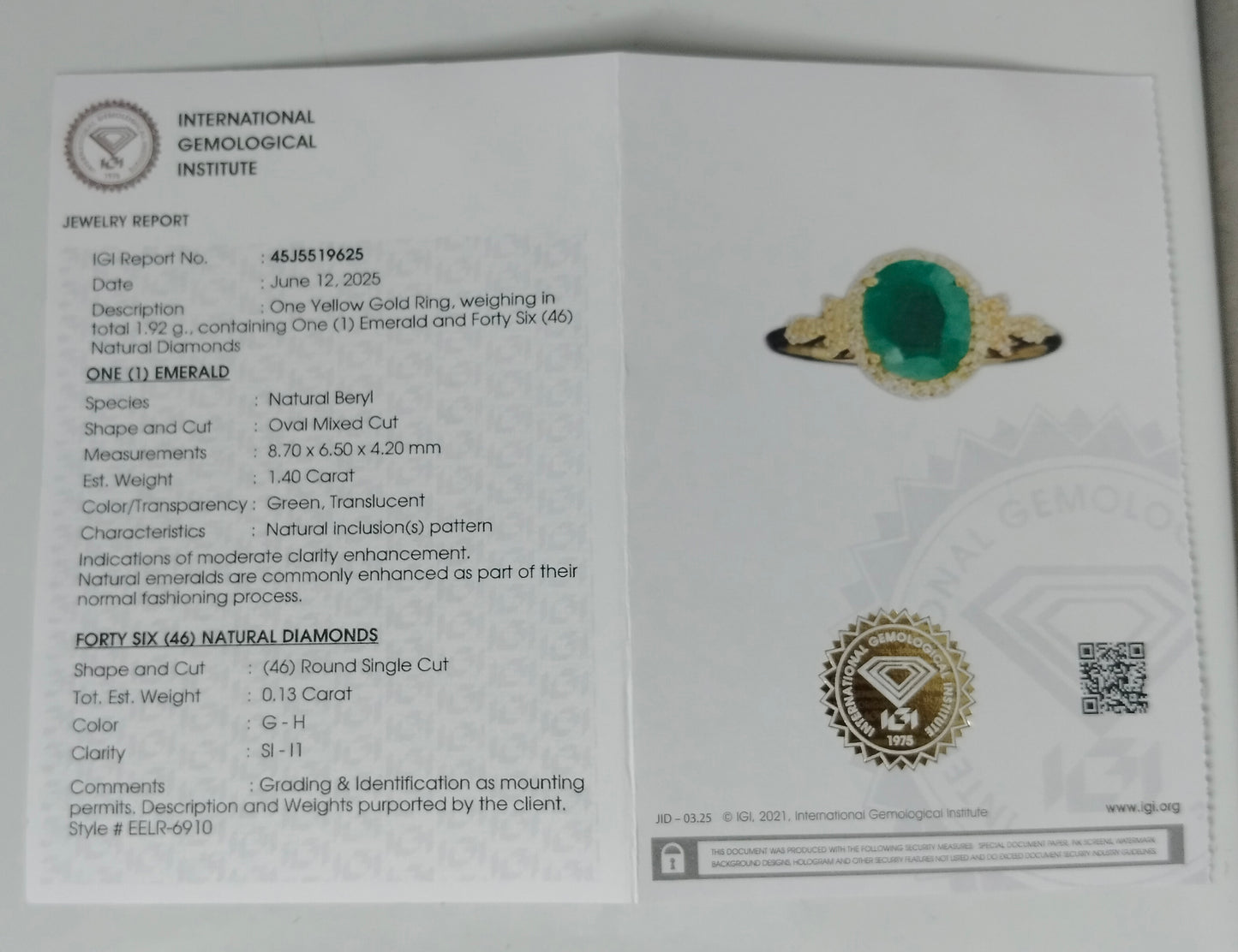 1.53 Ct Oval Mixed Cut Natural Beryl Emerald 14K Gold Ring