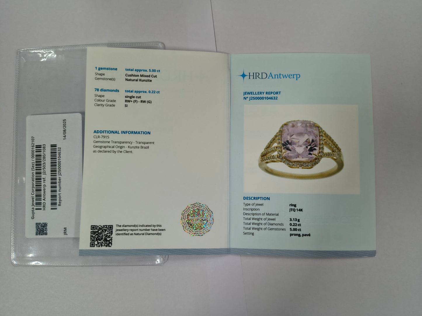 5.22 Ct Cushion Mixed Cut Natural Kunzite 14K Gold Ring