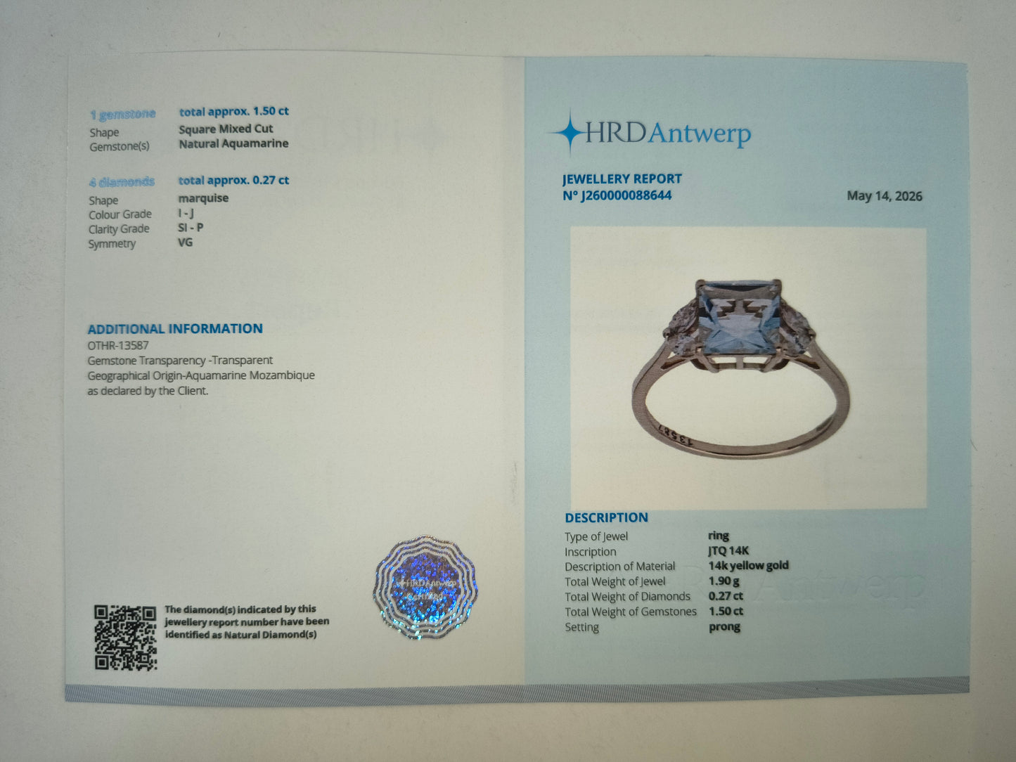 1.55 Ct Square Mixed Cut Natural Aquamarine 14K Gold Ring