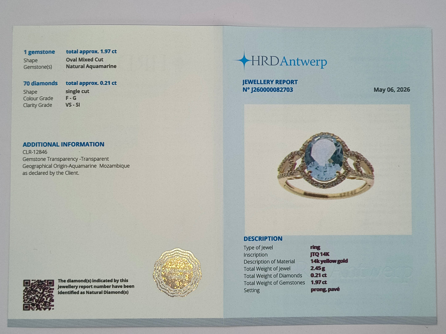 2.18 Ct Oval Mixed Cut Natural Aquamarine 14K Gold Ring