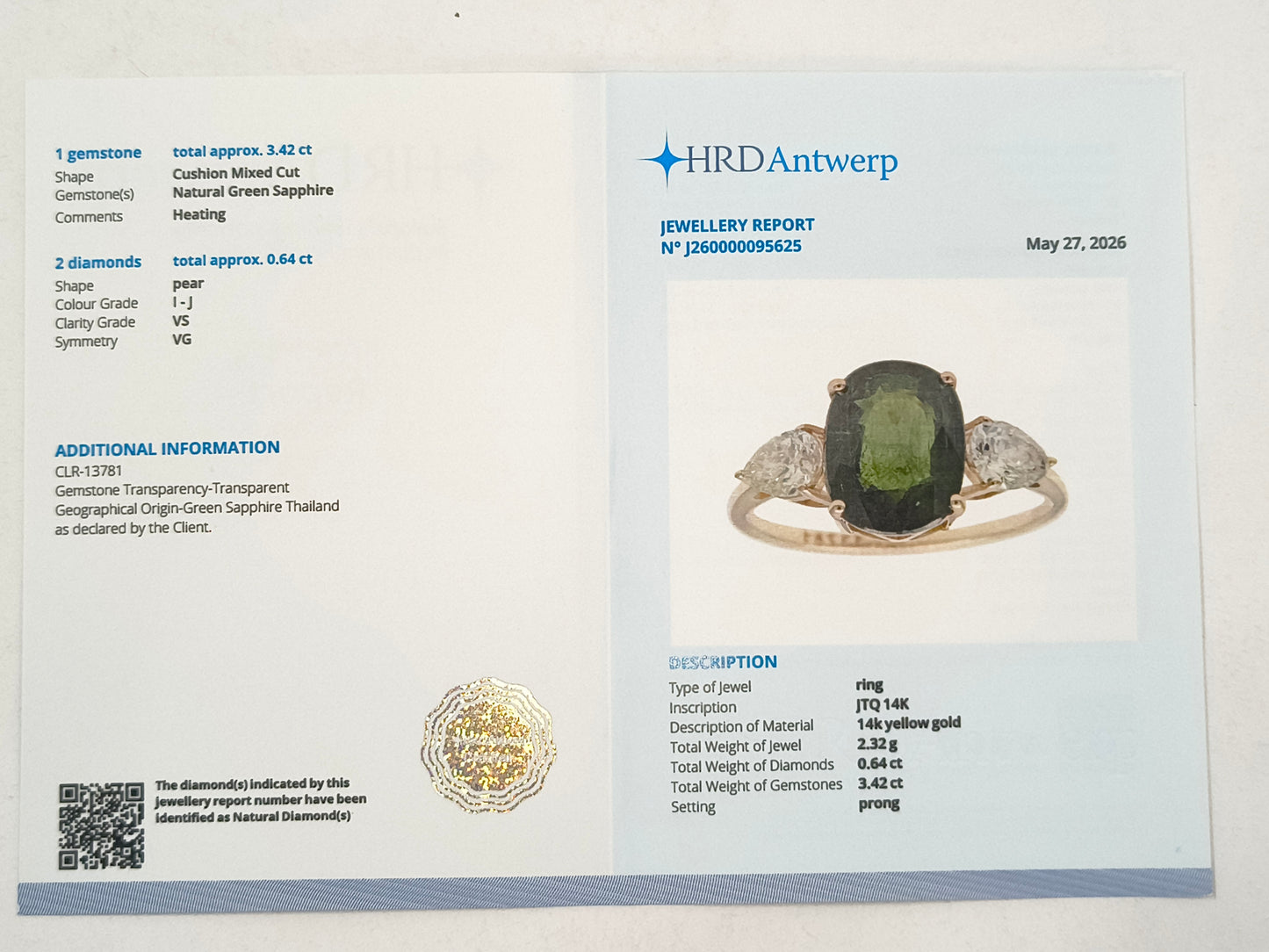4.06 Ct Cushion Mixed Cut Natural Green Sapphire 14K Gold Ring