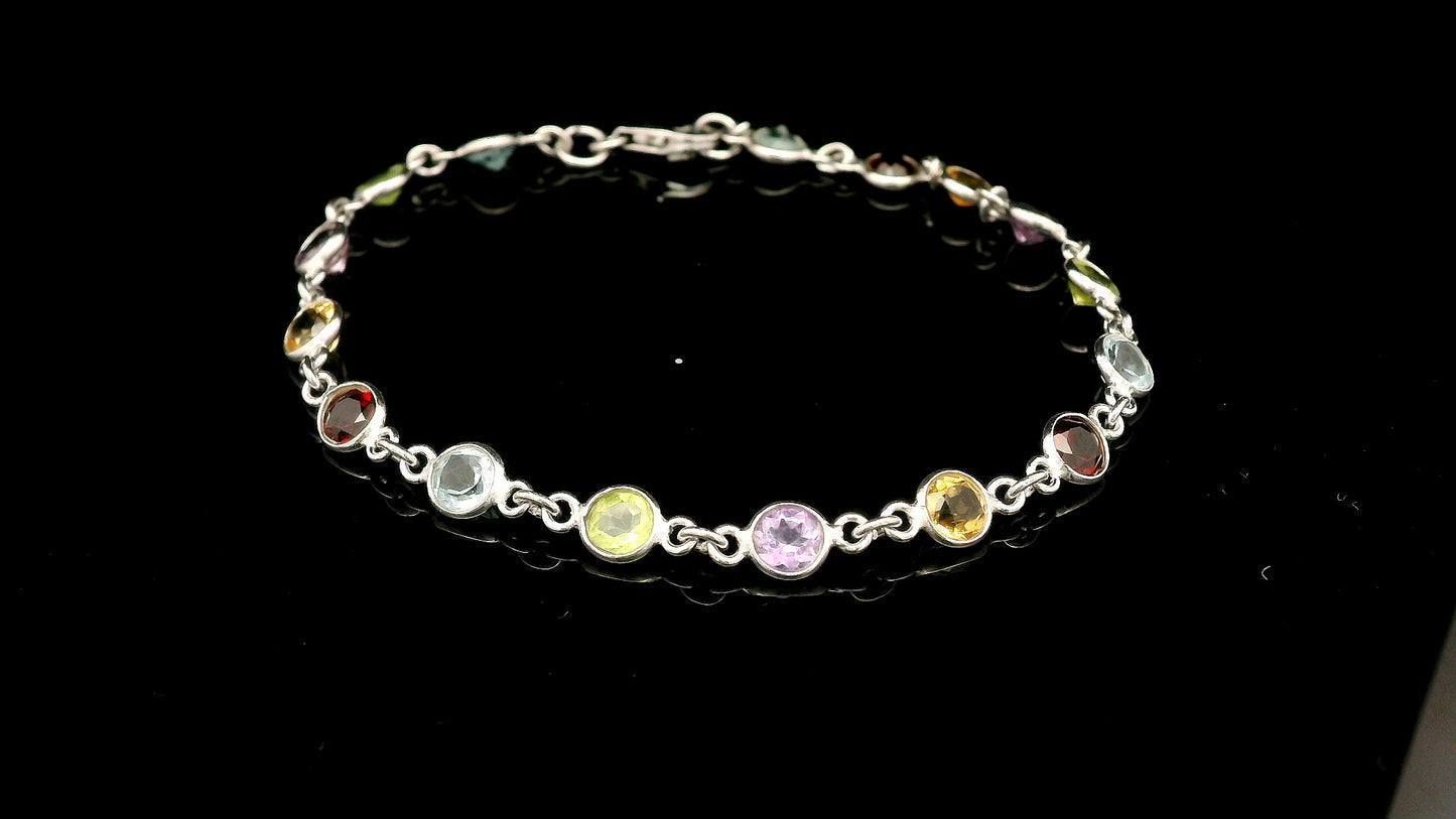 4.58 Ct Round Garnet, Peridot, Blue Topaz, Citrine, Amethyst 925 Sterling Silver Bracelet