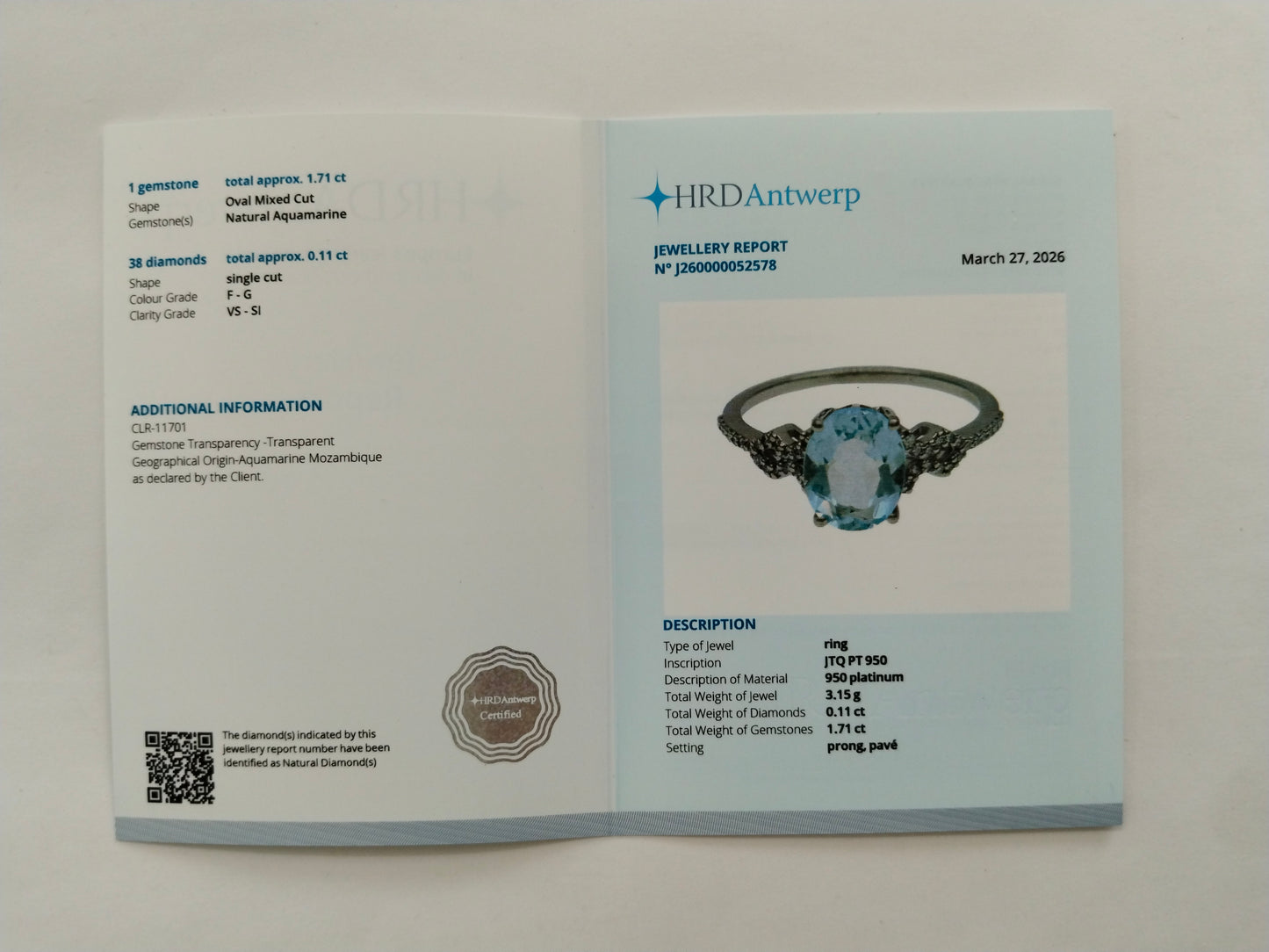 1.82 Ct Oval Mixed Cut Natural Aquamarine 950 Platinum Ring