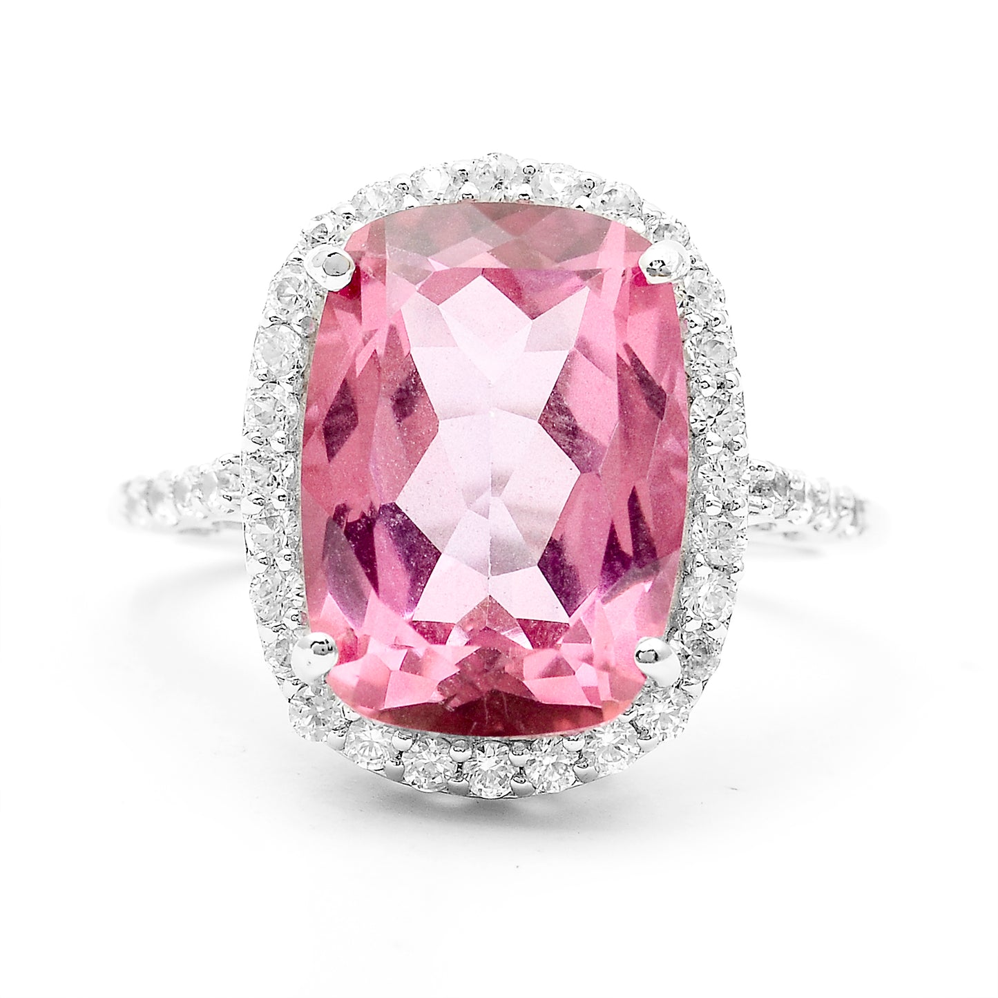 9.34 Ct Cushion Pink Topaz, White Zircon 925 Sterling Silver Ring