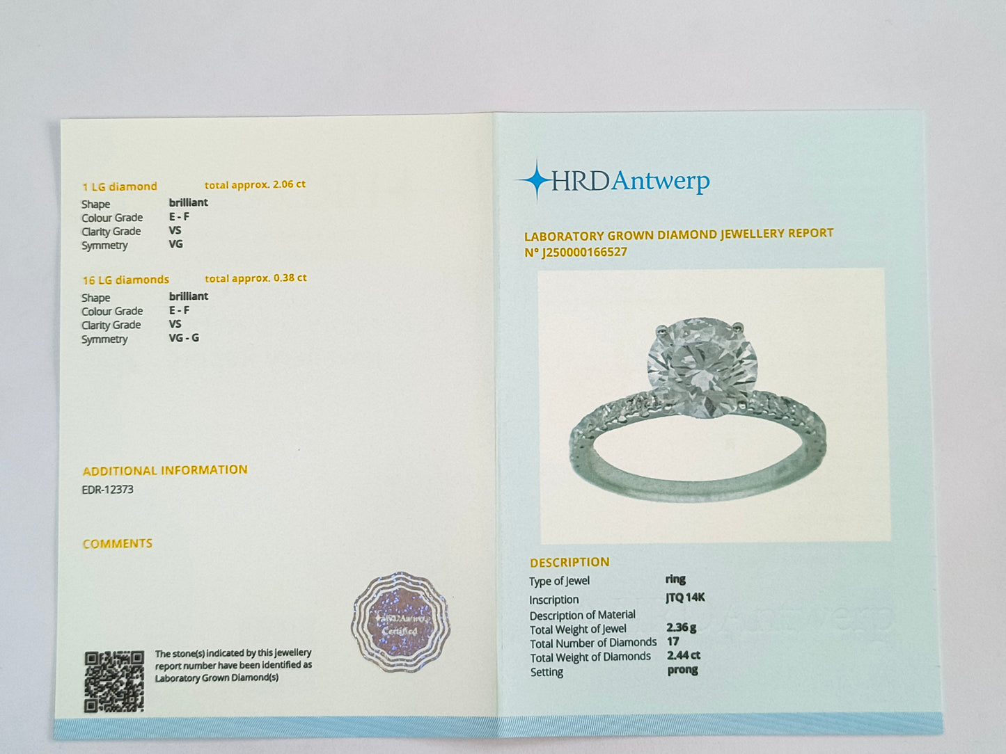 2.44 Carats Lab Grown Diamond 14K Gold Ring