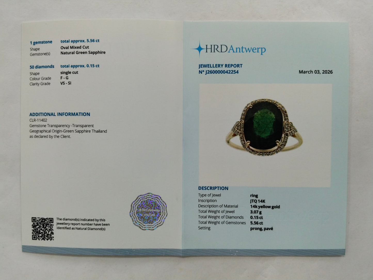 5.71 Ct Oval Mixed Cut Natural Green Sapphire 14K Gold Ring