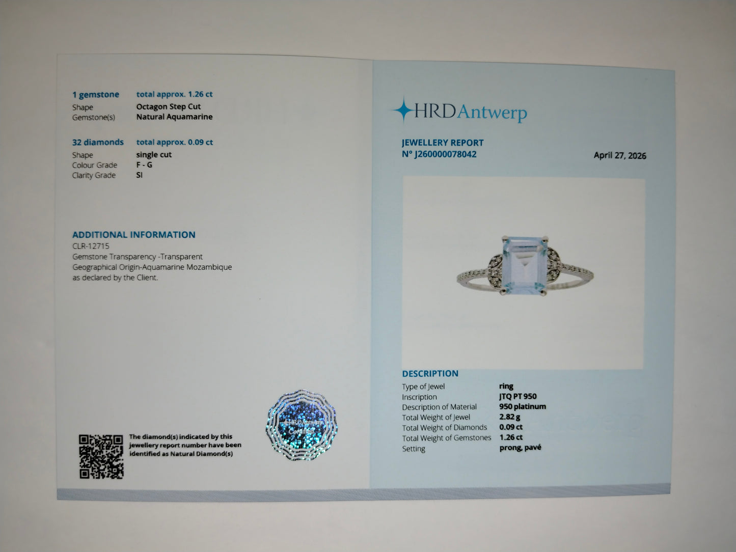 1.35 Ct Octagon Step Cut Natural Aquamarine 950 Platinum Ring