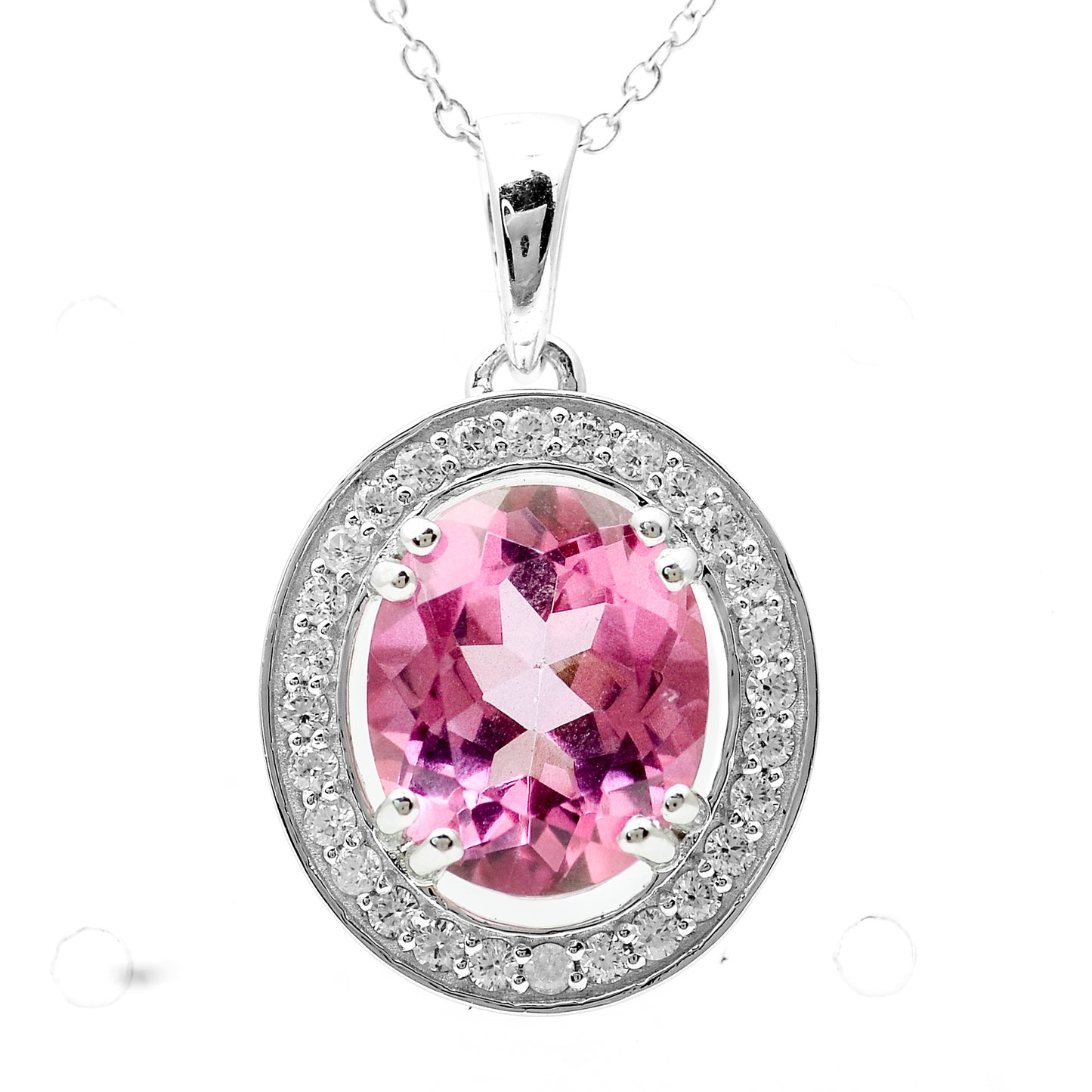 5.64 Ct Oval Pink Topaz, White Zircon 925 Sterling Silver Pendant