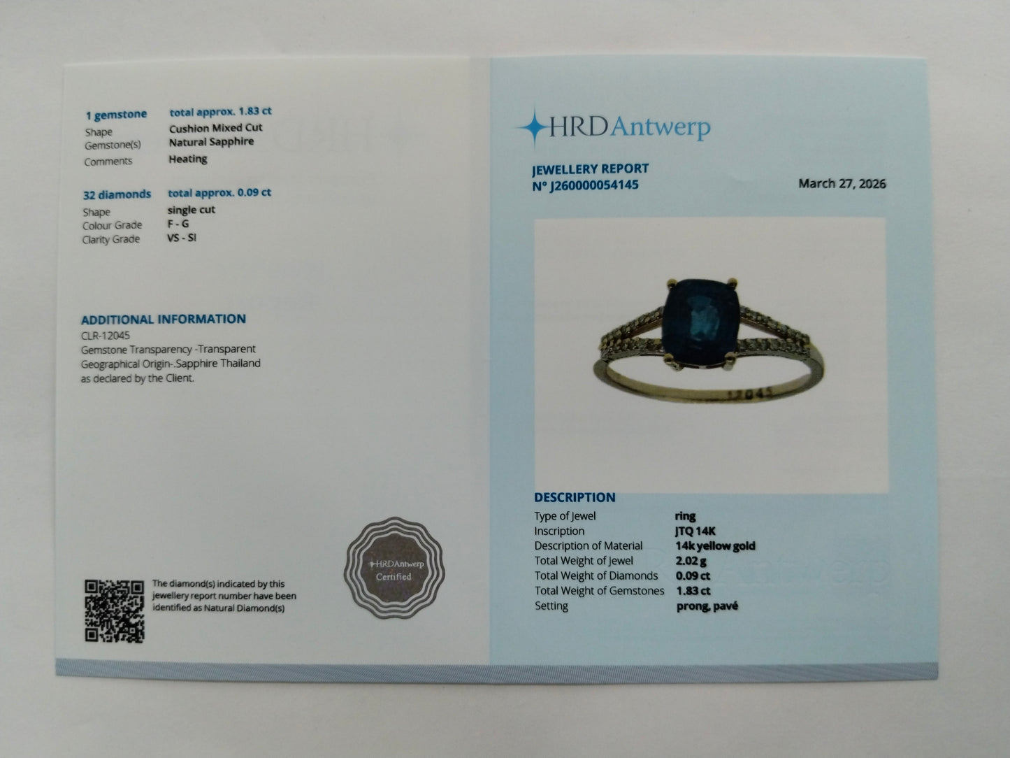 1.92 Ct Cushion Mixed Cut Natural Sapphire 14K Gold Ring