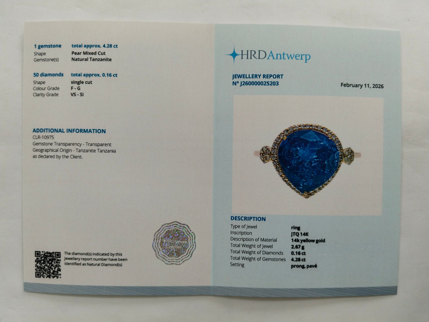 4.44 Ct Pear Mixed Cut Natural Tanzanite 14K Gold Ring