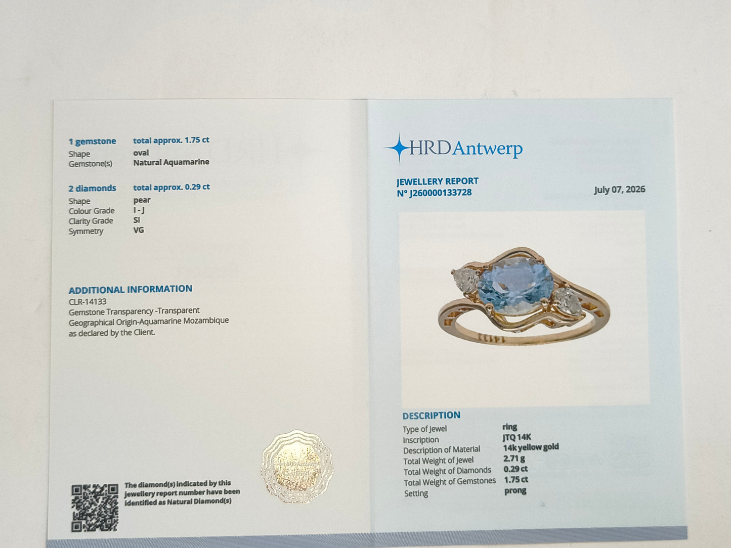 2.04 Ct Oval Natural Aquamarine 14K Gold Ring