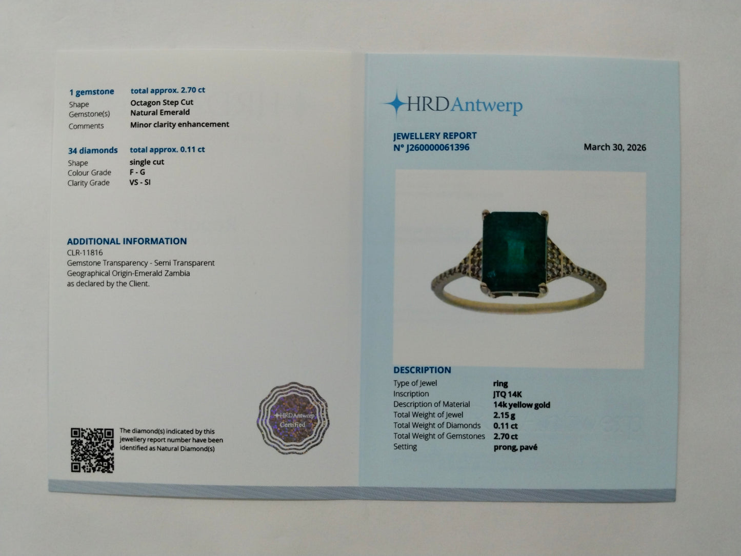 2.81 Ct Octagon Step Cut Natural Emerald 14K Gold Ring
