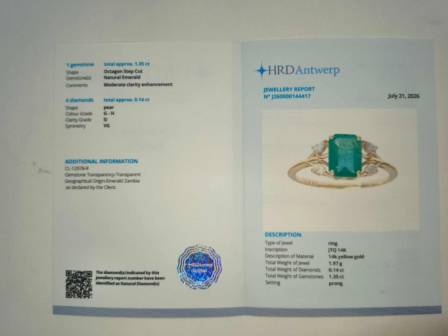1.49 Ct Octagon Step Cut Natural Emerald 14K Gold Ring