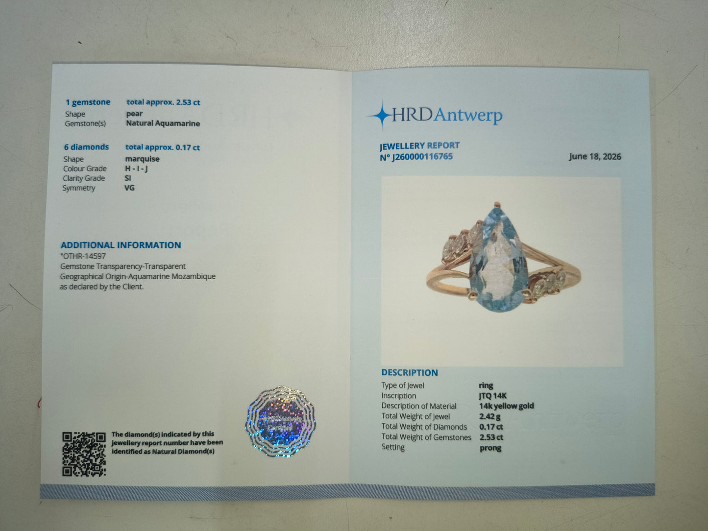 2.70 Ct Pear Natural Aquamarine 14K Gold Ring